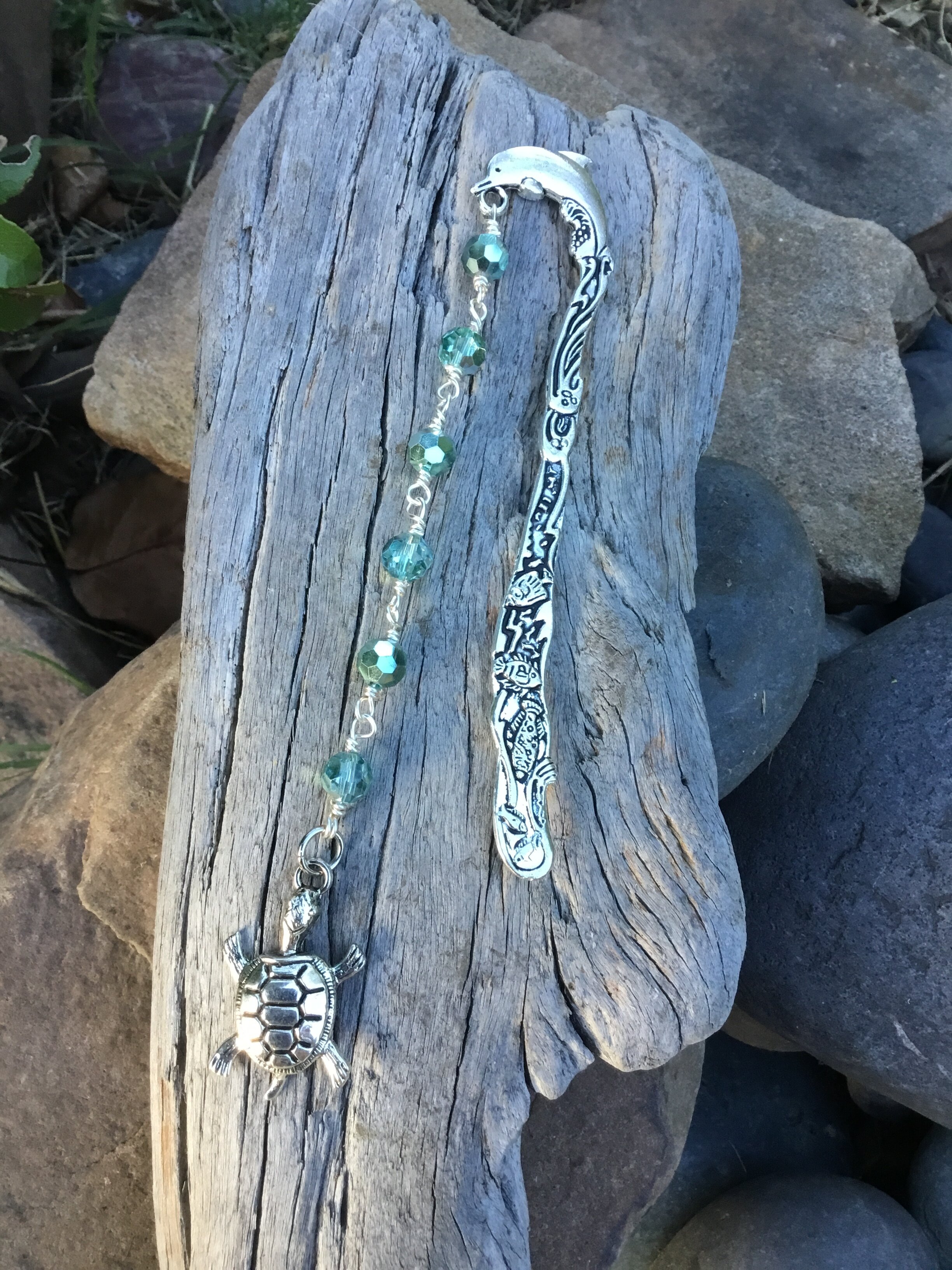 Dolphin Signature Bookmark (Crystal Beads, Turtle Charm)