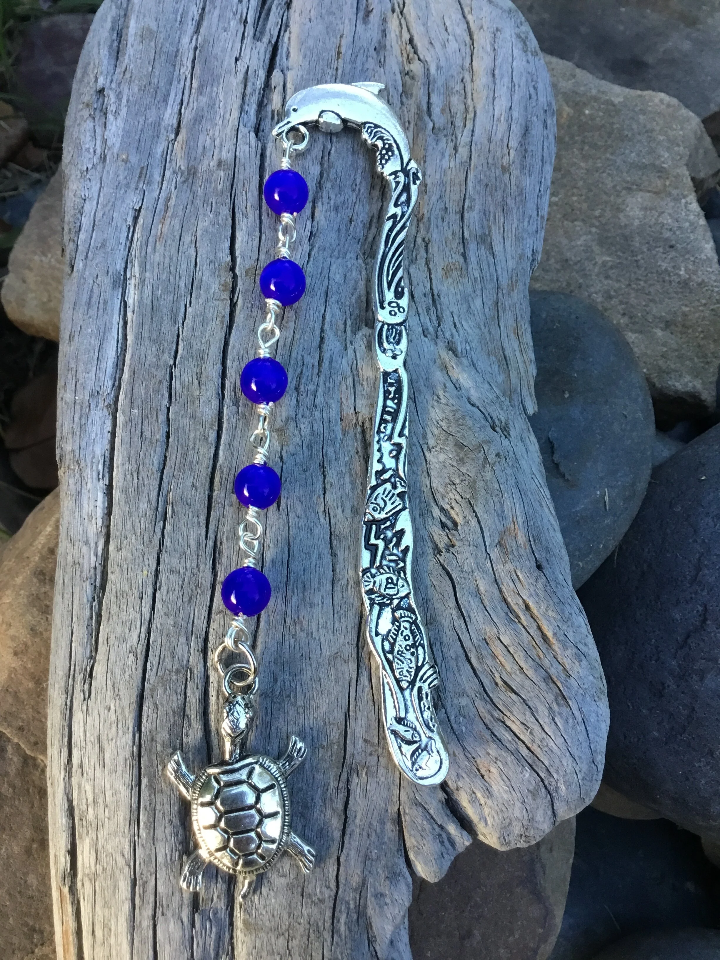 Dolphin Signature Bookmark (Cobalt Blue Cat's Eye Beads, Turtle Charm)