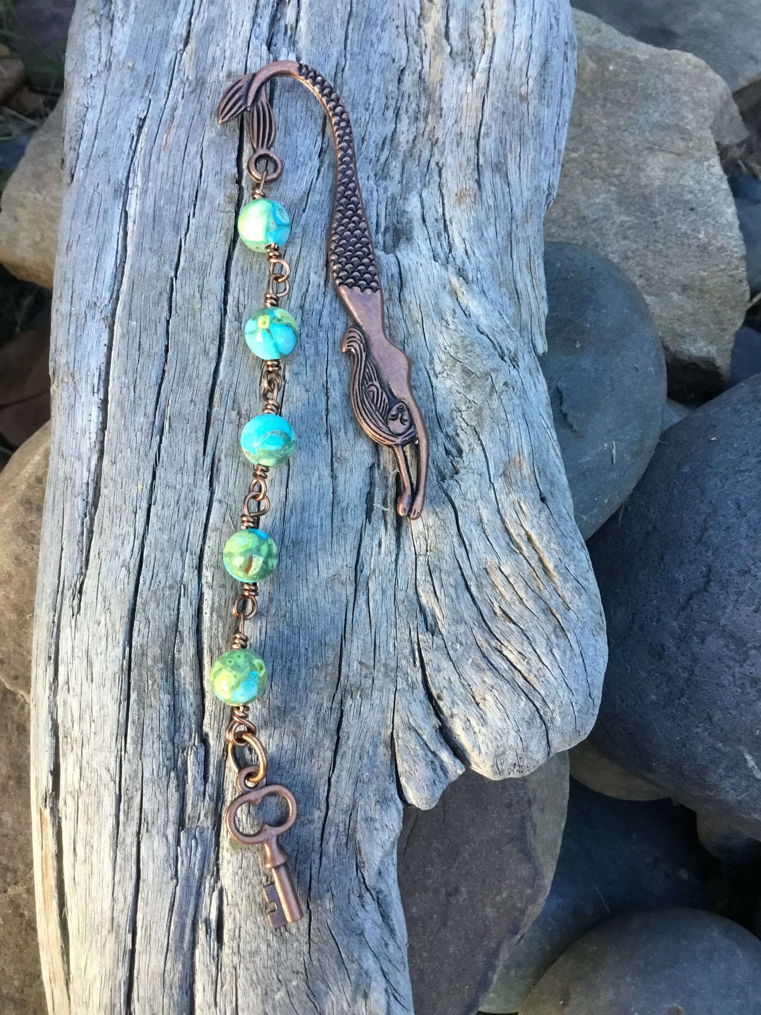 Mermaid Signature Book Mark  (Green Marble Stone Beads, Key Charm)