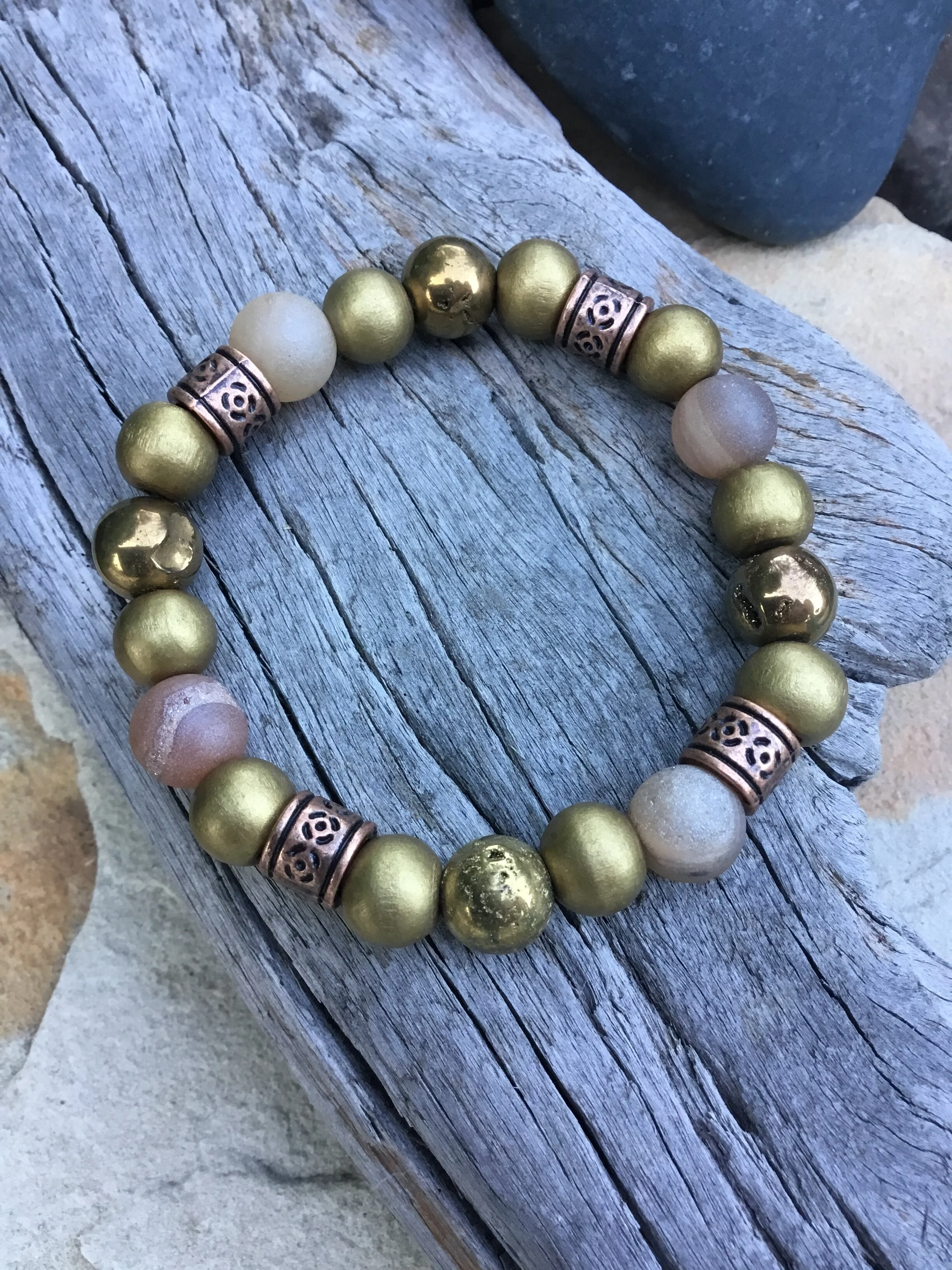 Gold Druzy Agate and Wood Bracelet (medium)