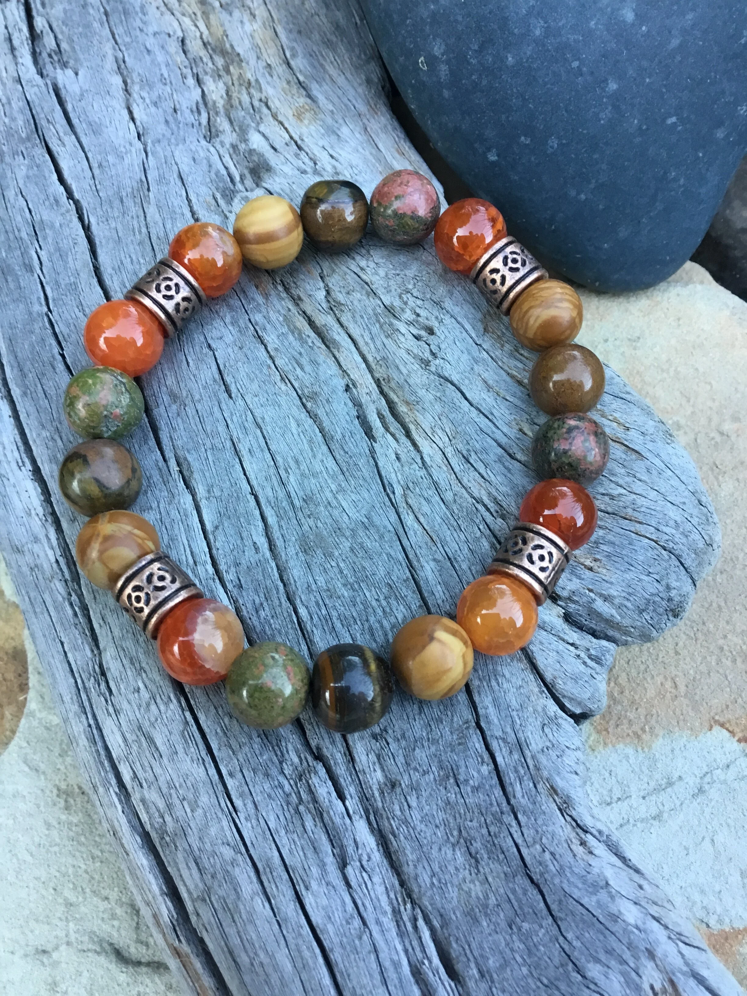 Fall Canopy Bracelet Fire Agate, Tiger's Eye, Unakite Jasper and Wood Jasper (medium)