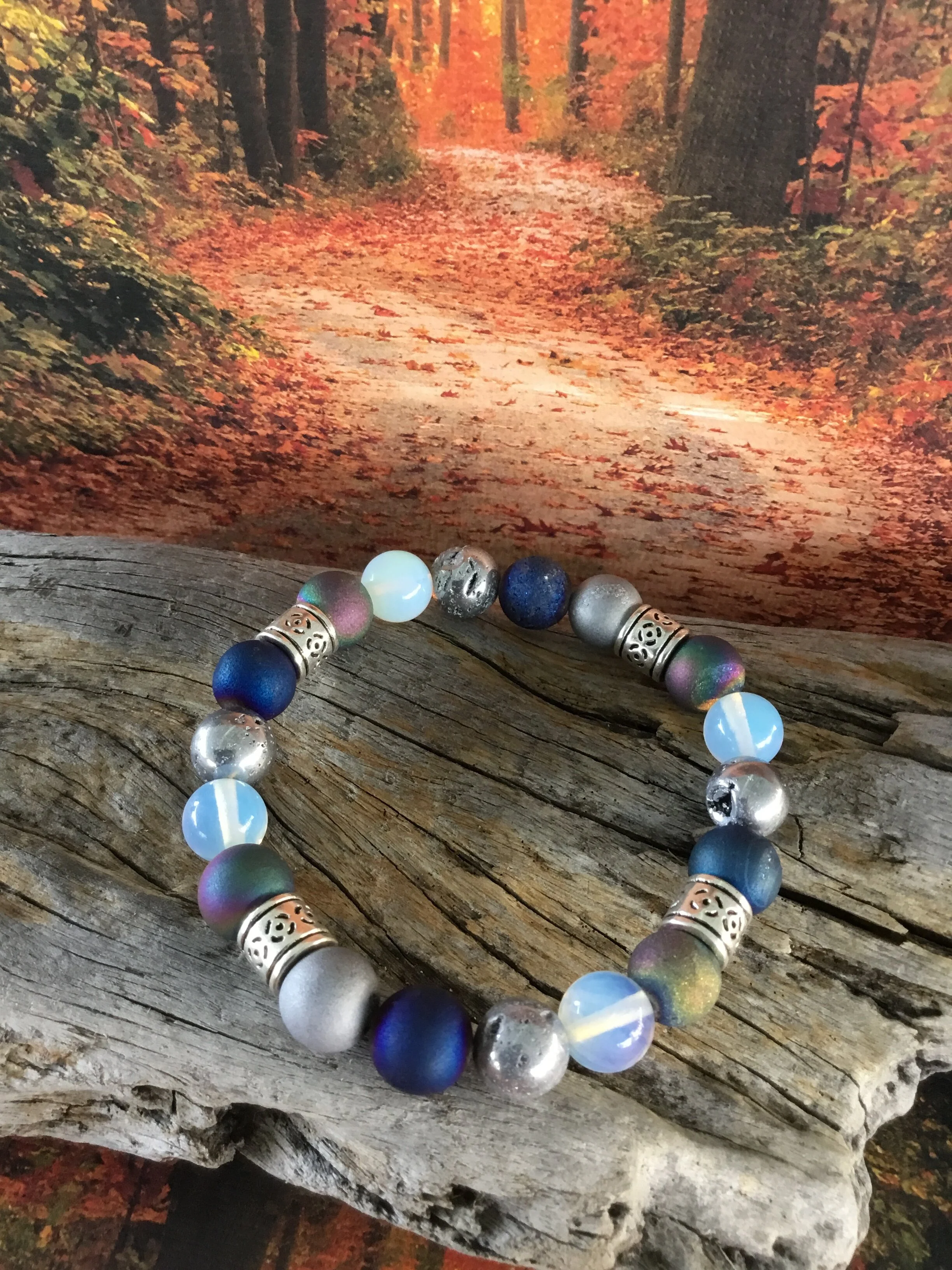 Druzy Agate Mix  (silver, gray, blue and iridescent) and Moon Stone (medium)