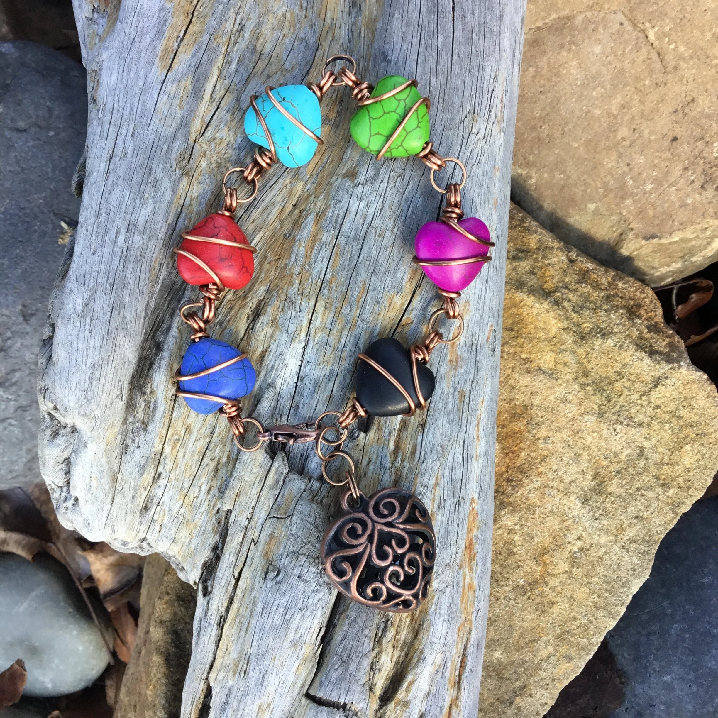 Out of the Blue Signature Bracelet (Blue, Red, Turquoise, Green, Violet, Black) With Copper Filigree Heart Charm 