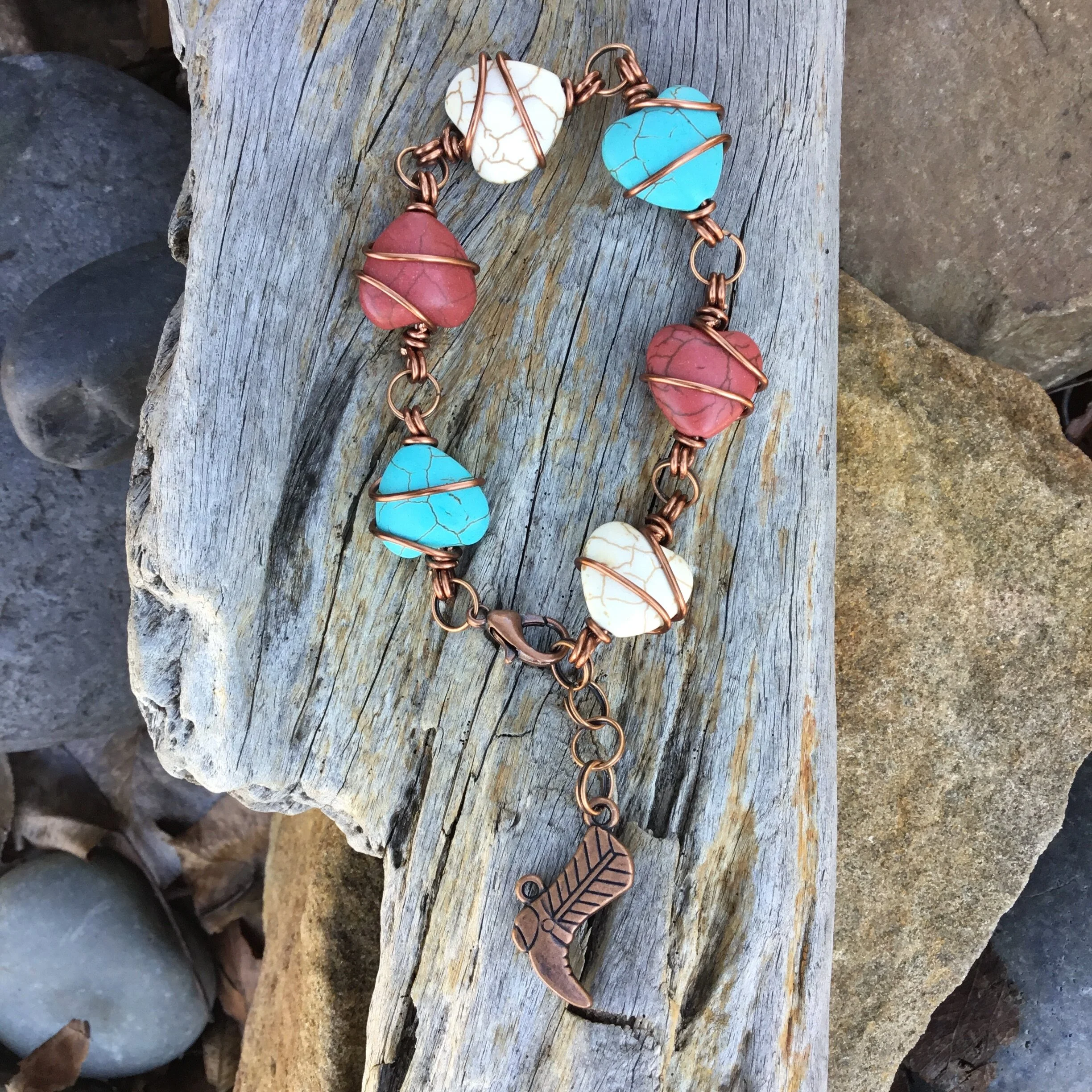 Out of the Blue Signature Bracelet ( Turquoise, Rust, White) With Copper Boot Charm