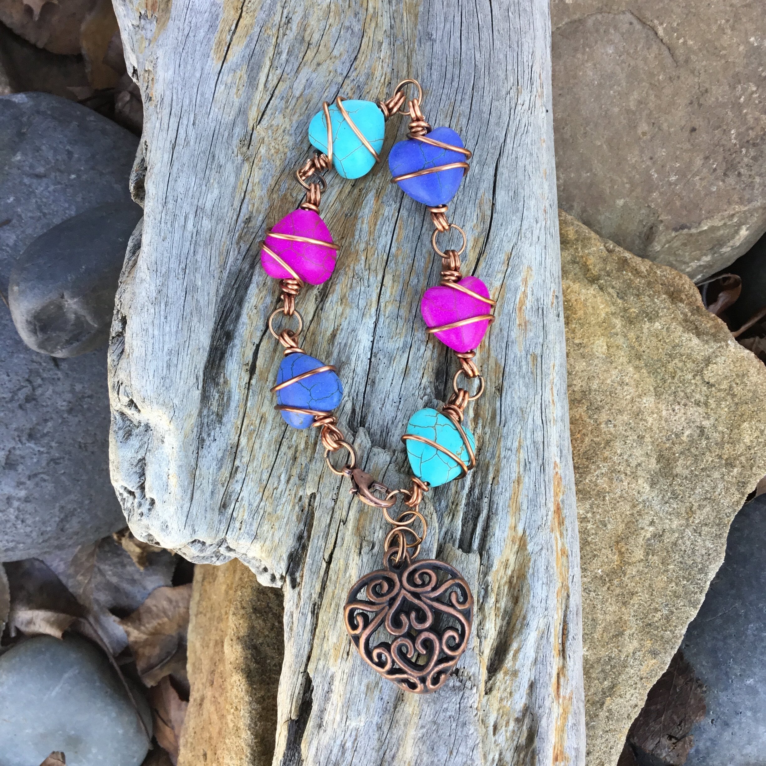 Out of the Blue Signature Bracelet ( Blue, Violet, Turquoise ) With Copper Filigree Heart Charm 