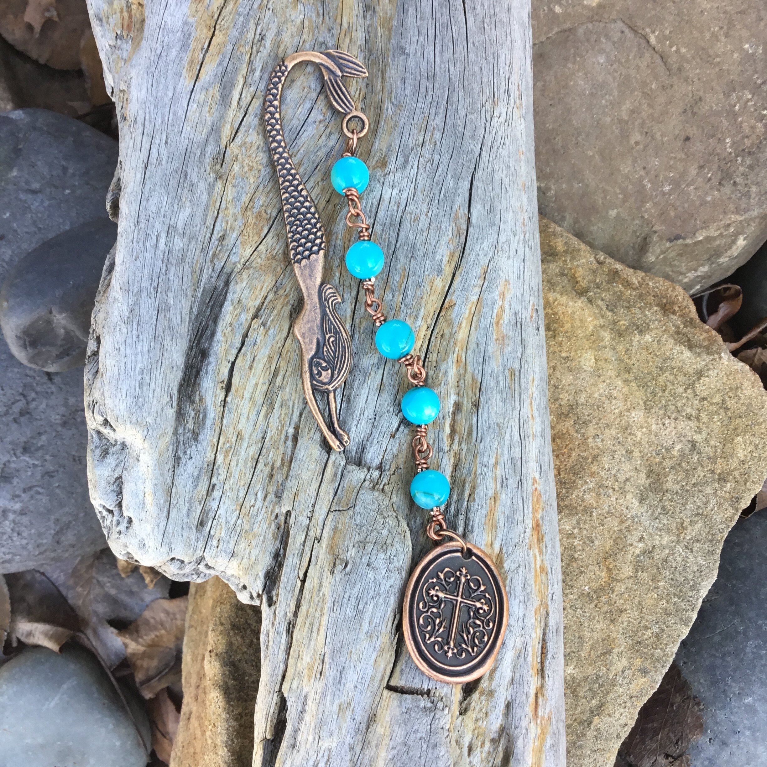 Mermaid Signature Book Mark ( Turquoise SeaShell) and Cross Medal