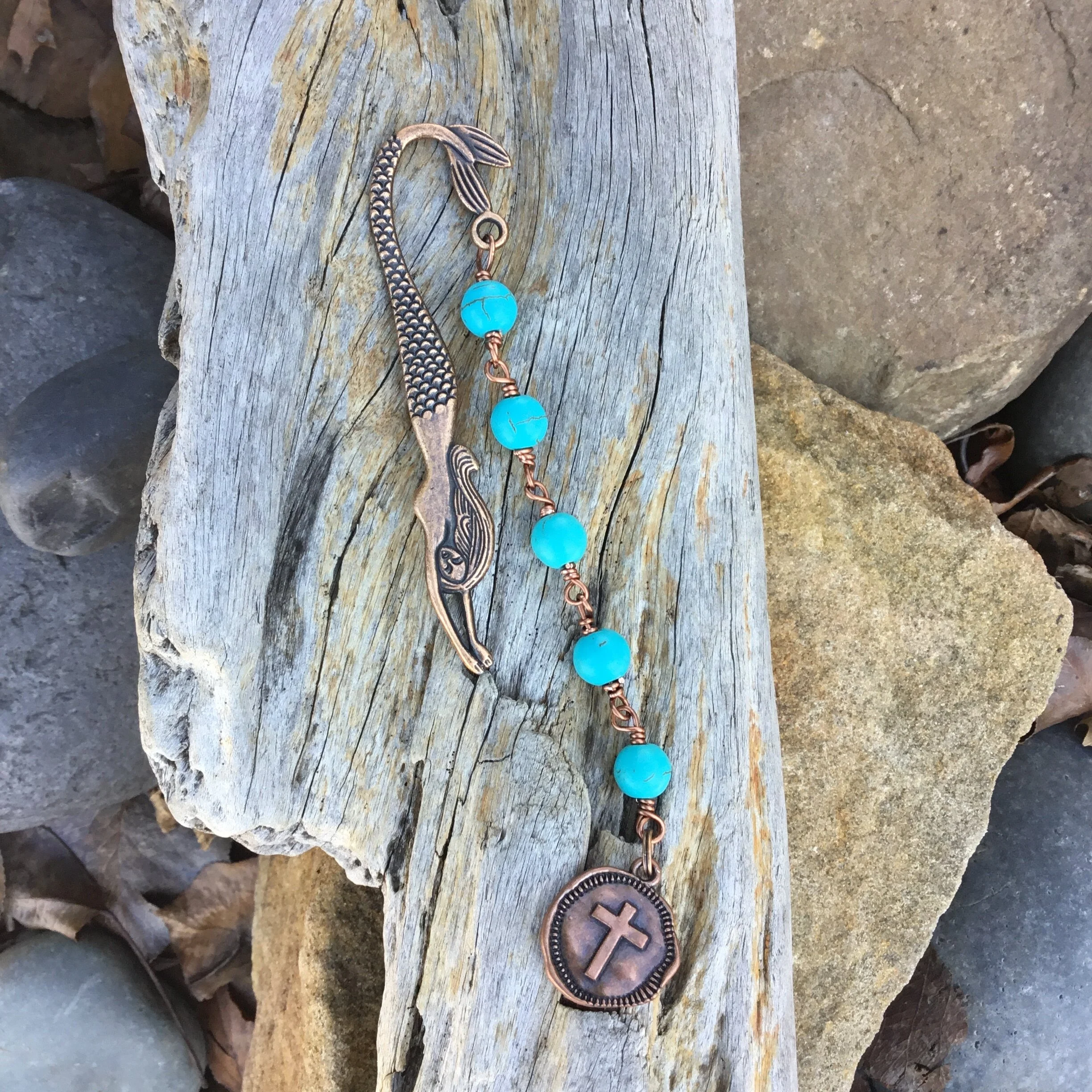 Mermaid Signature Bookmark ( Turquoise SeaShell) With Cross Coin Medallion Charm 
