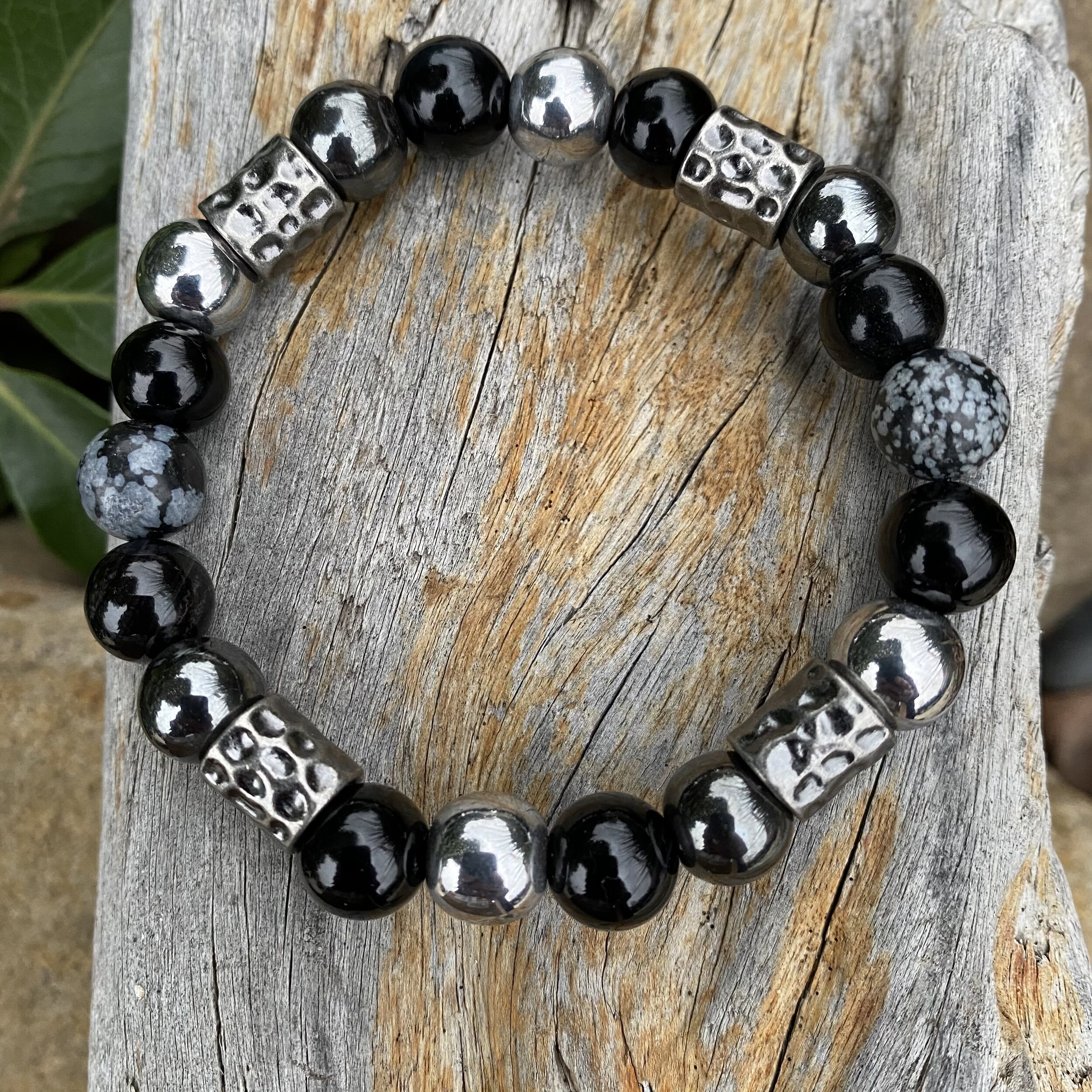 Blended Bracelet with Black Jasper, Hematite, Druzy Agate and Snow Flake Jasper (large)