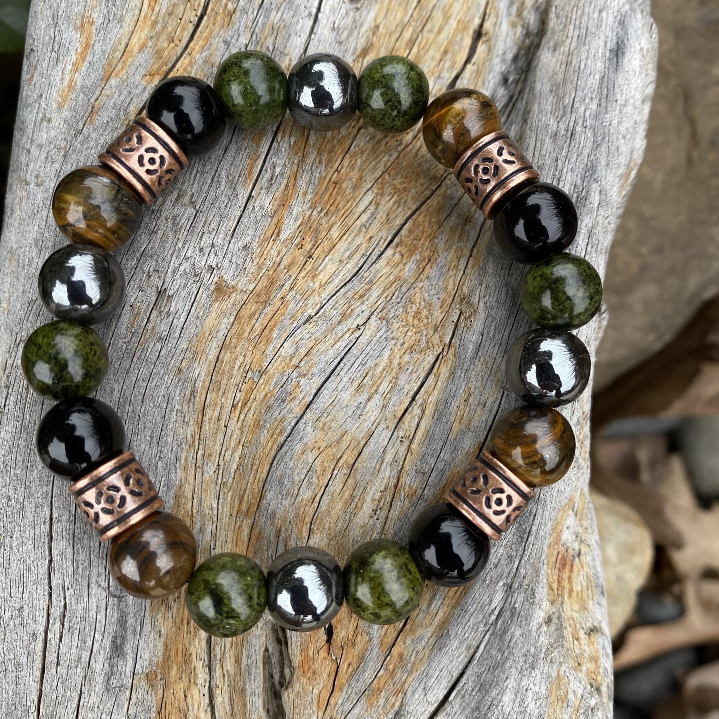 Green Quartzite, Hematite, Black Jasper and Tigers Eye Mix Bracelet (large)