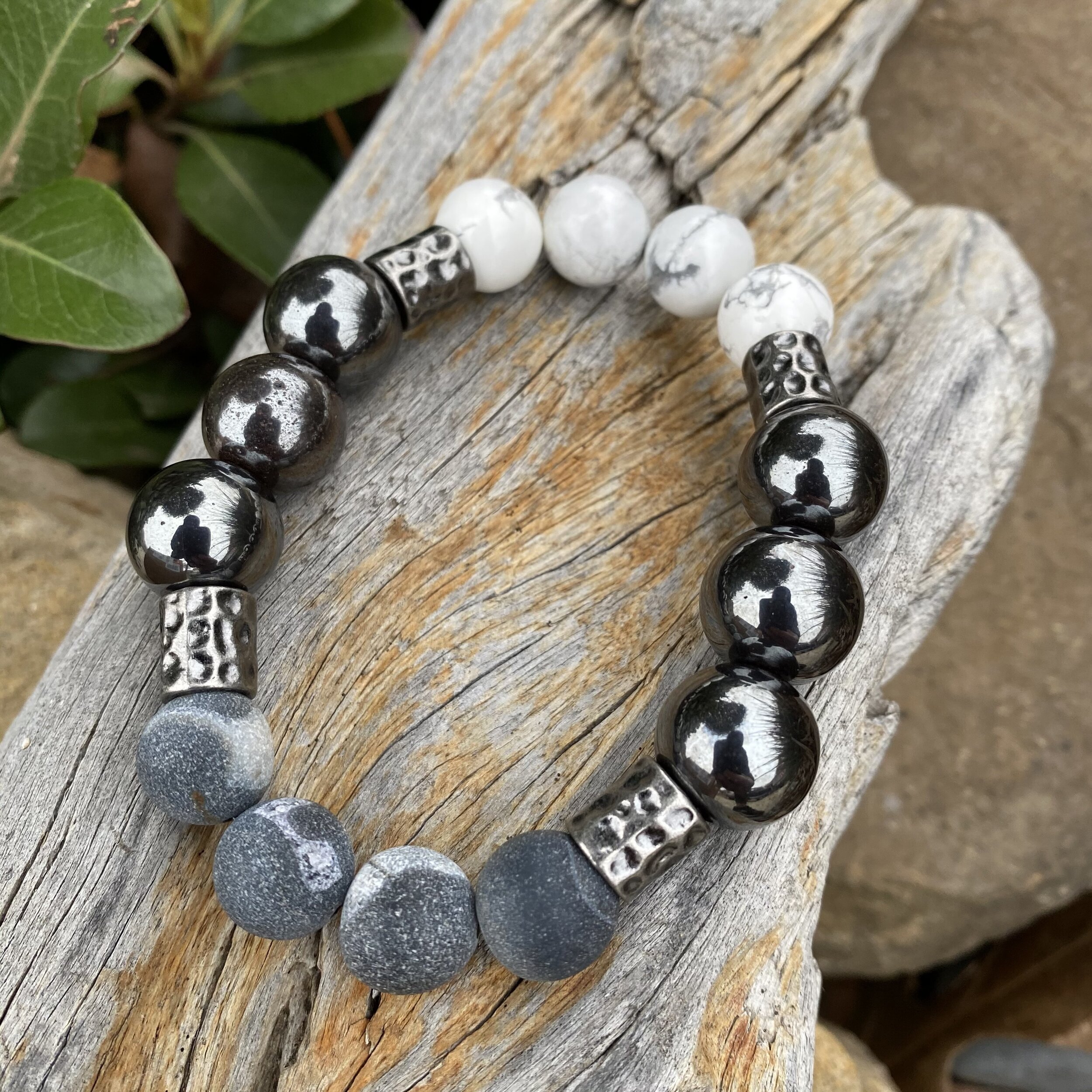 White Howlite, Hematite, Black Agate (large)