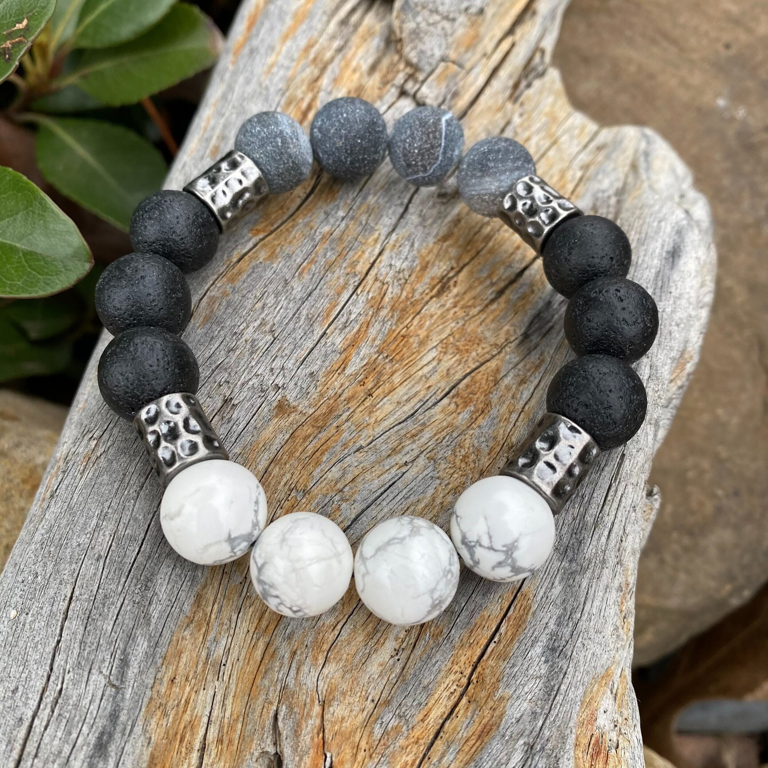 Lava Stone, Black Agate, White Howlite Mix Bracelet with Gun Metal  Spacers(medium) — Out of the Blue Bead Works