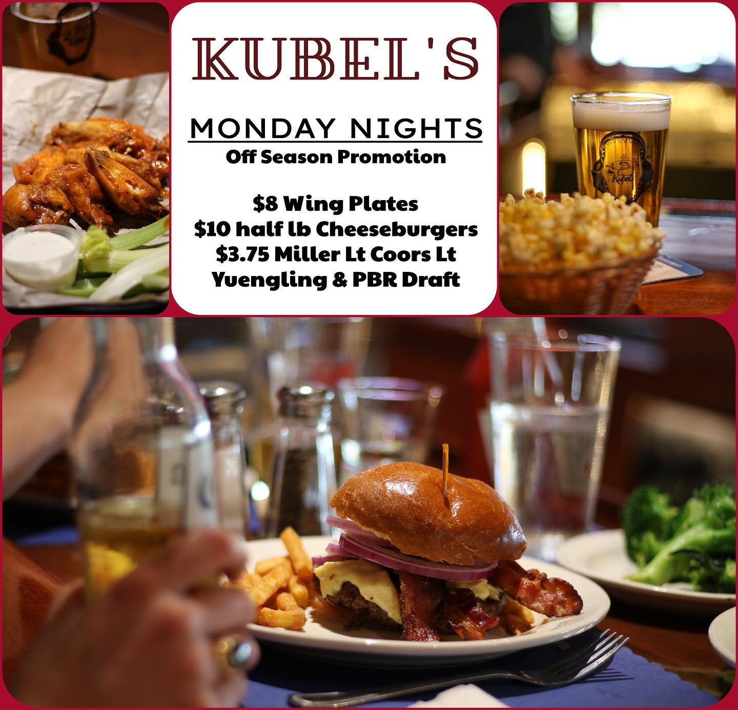 Again a reminder- the off season is almost over! Trivia ends on the 6th, but burger night and prime rib night aren&rsquo;t done yet! Make sure to come in and enjoy these food and drink specials before the off season ends!