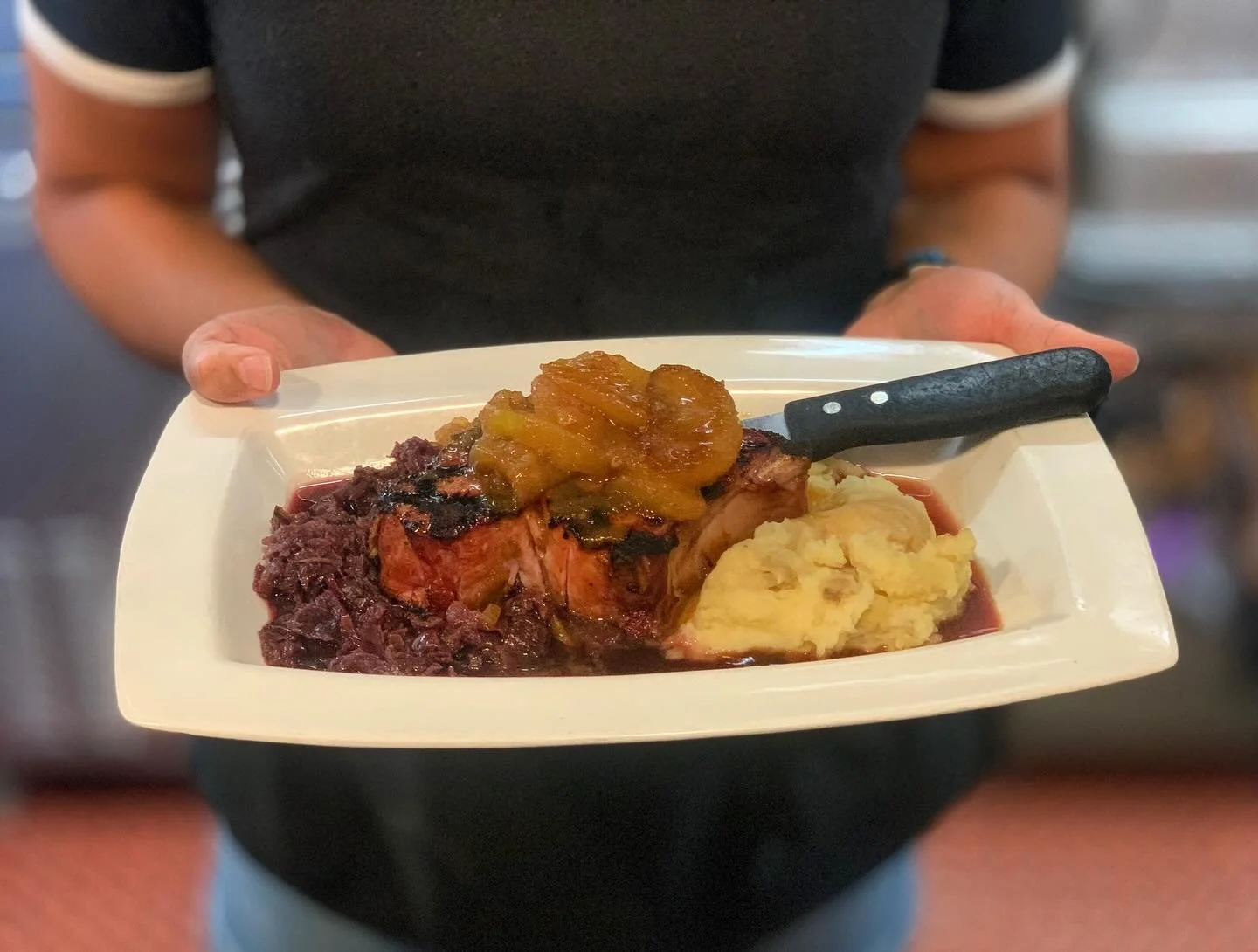Octoberfest is here at Kubel&rsquo;s!
On the specials tonight is this thick smoked pork chop, with apple onion chutney &amp; served over red cabbage and mashed potatoes with a red wine sauce. 
Weinerschnitzel, Sauerbraten, beef rouladen, and more are