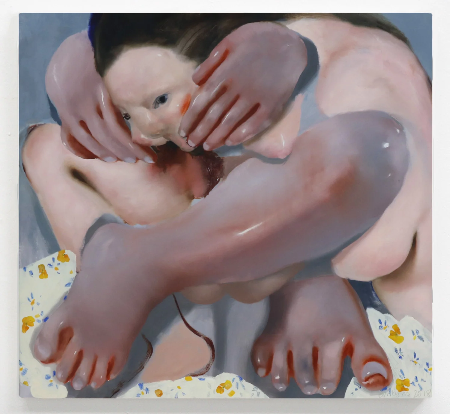 Small Widow 32" x 34" oil, soft pastel and pansies on linen, 2018