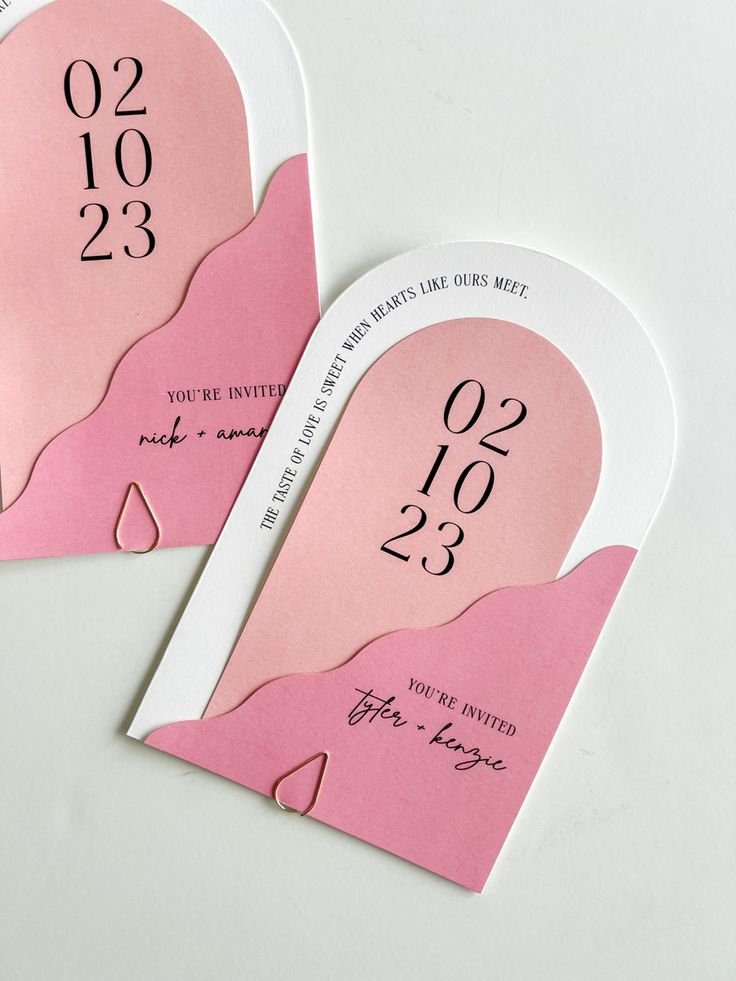 Layered arch wavy Pink Ombré die cut wedding invitations with gold paper clip.jpeg