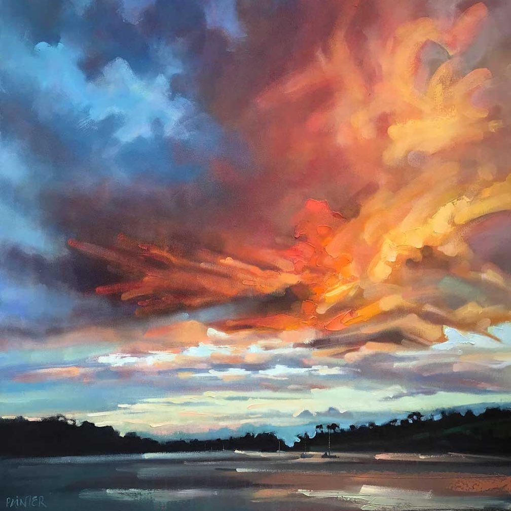There&rsquo;s a fire in the sky🔥 It seemed appropriate to share this fiery one on a hot summers evening like today!
.
This large 80x80cm is called &lsquo;Confidence&rsquo;. I&rsquo;ll be the first to admit there have been moments lately when I&rsquo
