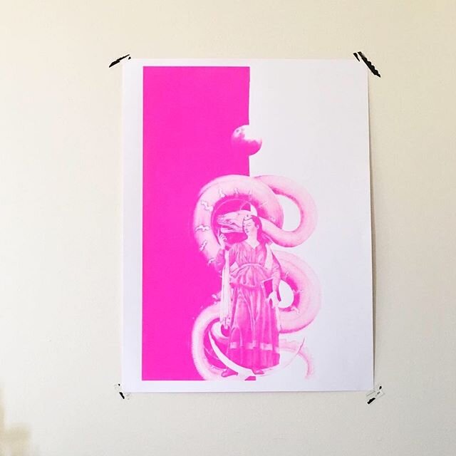 Our High Priestess silk screen poster in hard to photograph neon magenta.
