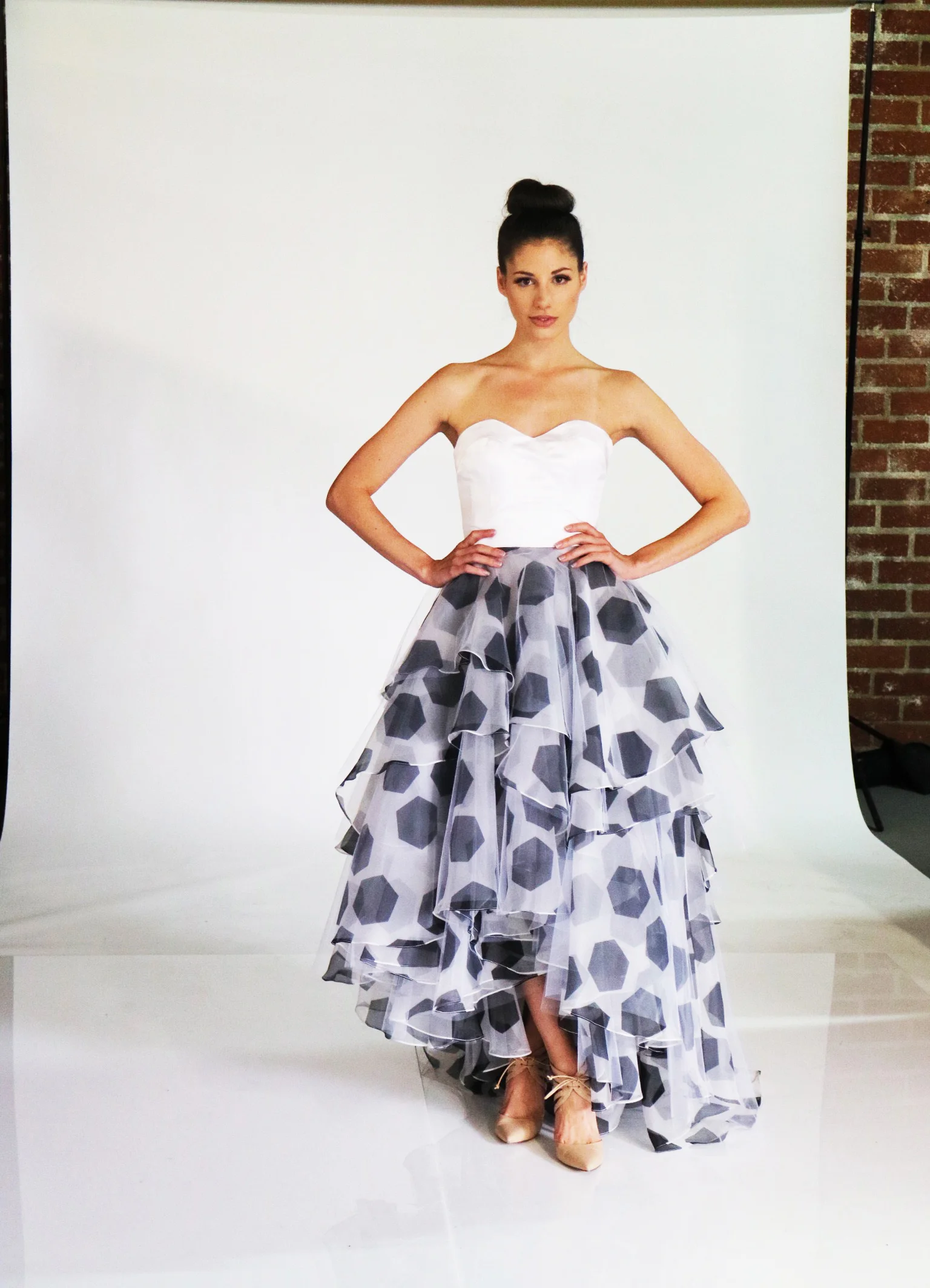 STRAPLESS SOCCER BALL PRINTED ORGANZA GOWN