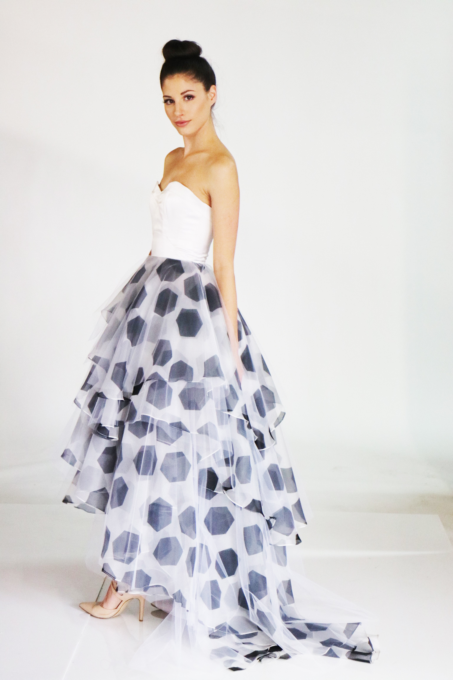 Strapless Soccer Ball Printed Organza Gown