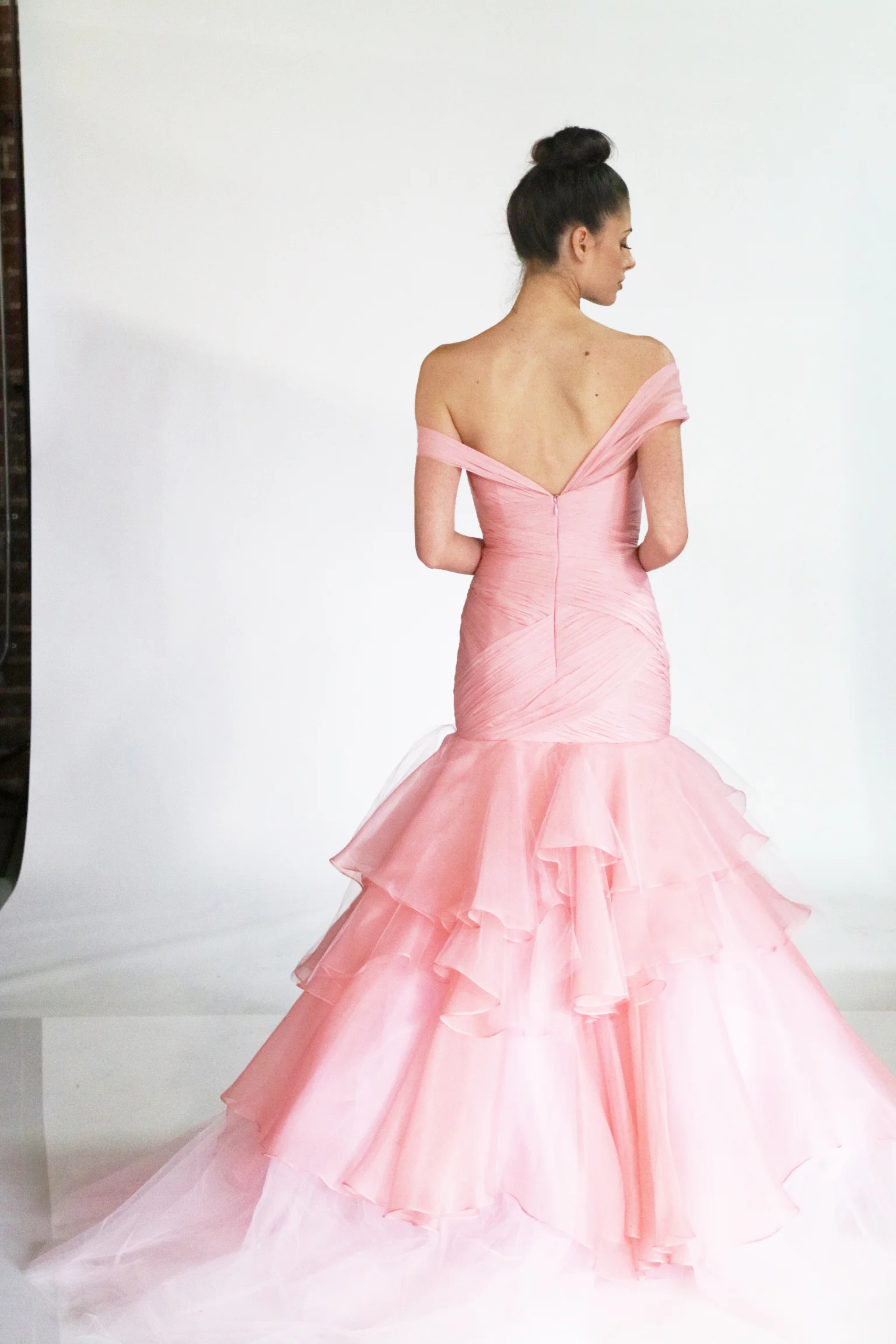 Fitted Off-the-Shoulder Draped Chiffon Gown
