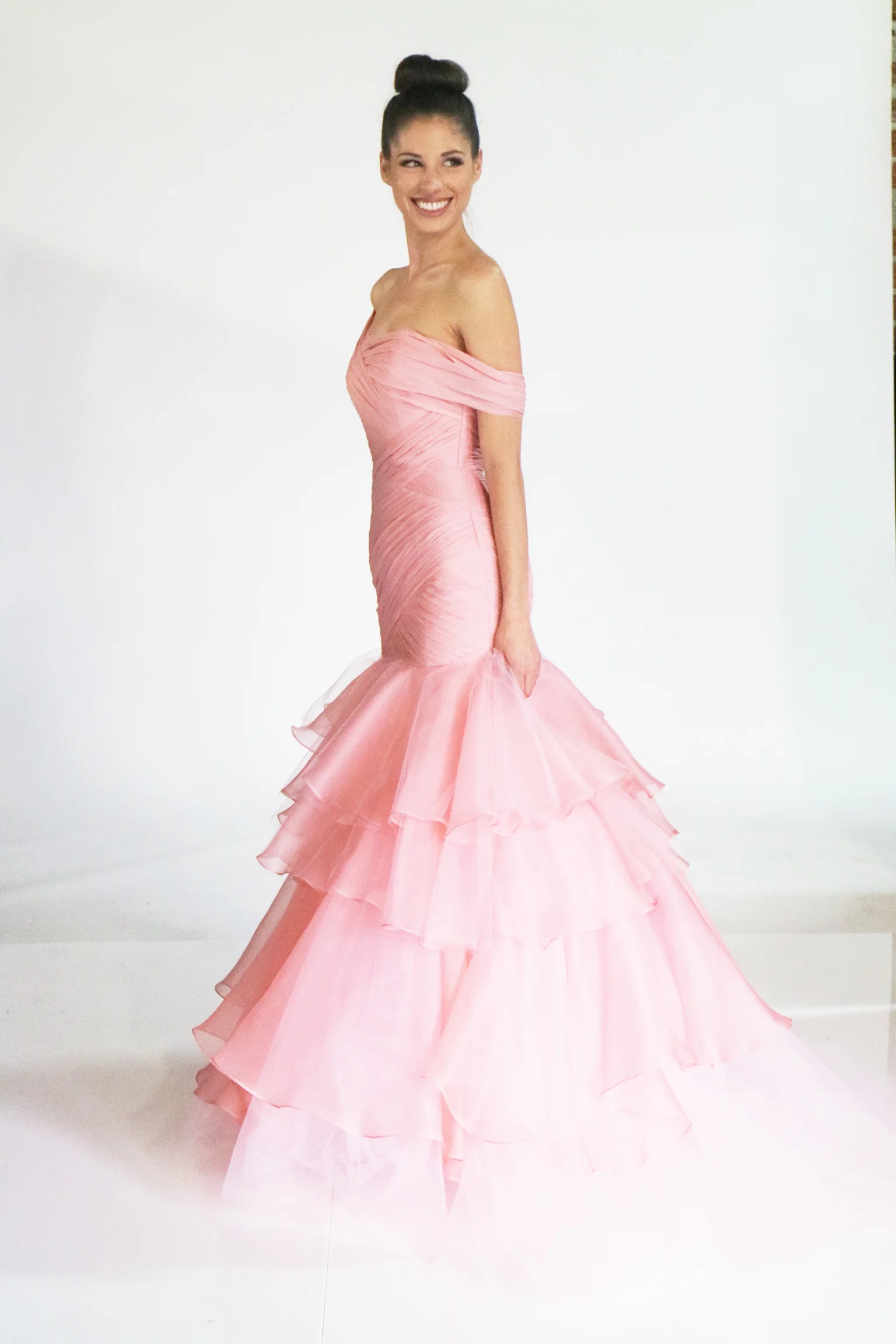 Fitted Off-the-Shoulder Draped Chiffon Gown