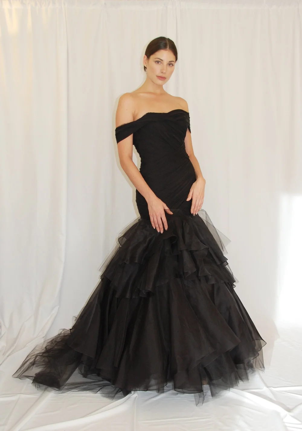 FITTED OFF-THE-SHOULDER DRAPED CHIFFON GOWN  LAURA VIVIENNE