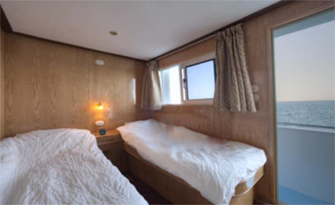 There are nine double cabins onboard, each with an en-suite bathroom.