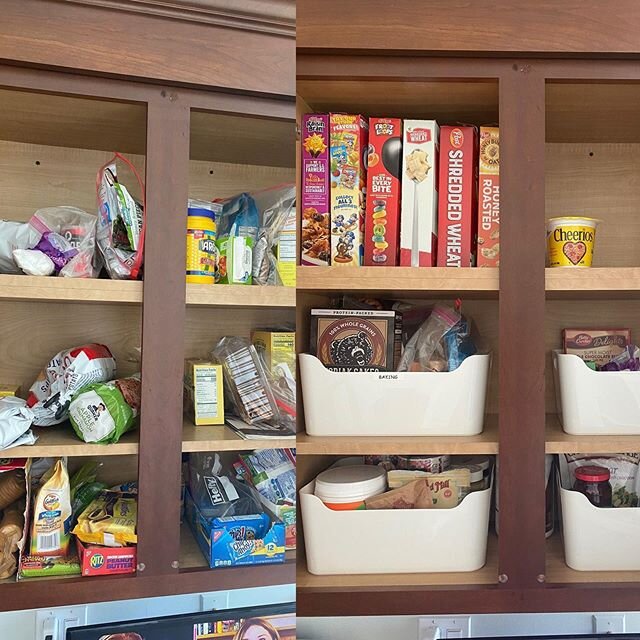 Before and after of this surprise kitchen cabinet makeover . We took everything out sorted it cleaned out the cabinets and added buckets to keep everything together. #kindredorganizing #kichencabinets #funsurprise #welcomehome #cabinets #cabinetmakeo