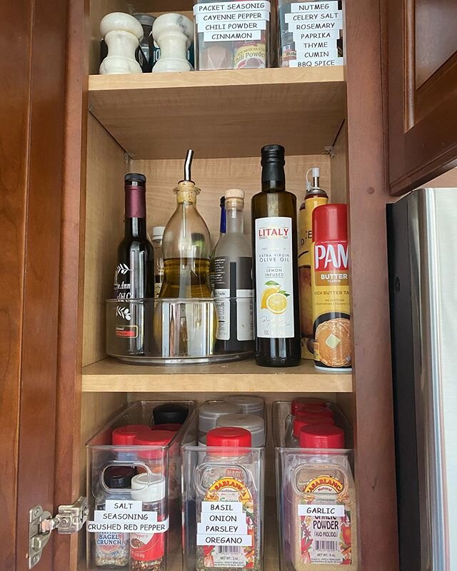 Unfortunately I forgot to take the before picture but this is after. We went through every product, checked the expiration date, whiped out the cabinet and organized each item with its likeness in these great plastic clear bins. Just to add an extra 