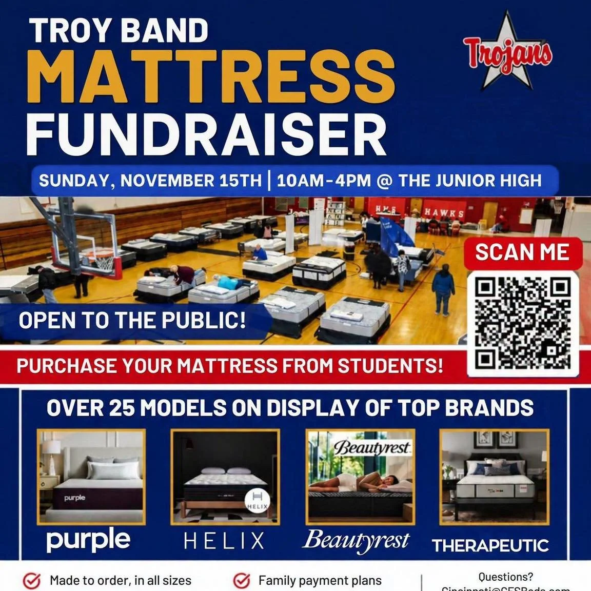 TONIGHT at 6:00!!
Join us at the HS Auditorium for a Mattress Sale Pep Rally! Just stopping by earns us $5! 
🍕 Pizza 🍪 Cookies provided! Come help us raise some easy money!