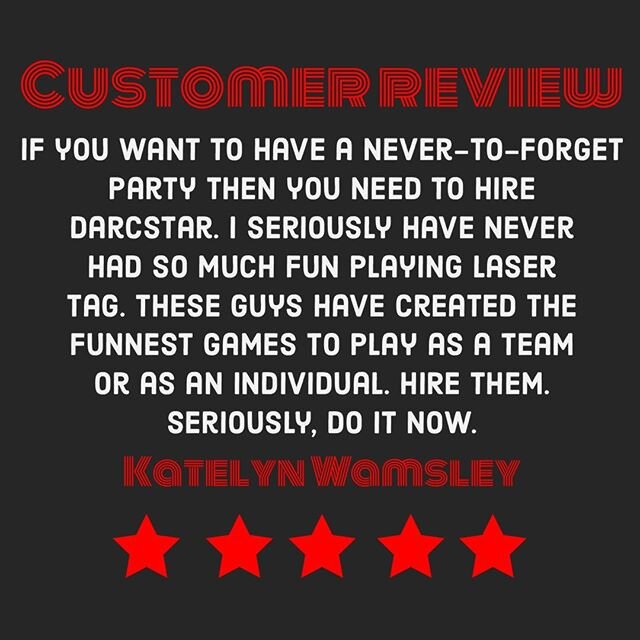 You&rsquo;re making us blush, Katelyn. 🥰 Let Darcstar make your next party unforgettable! .
.
.
#partywithdarcstar #lasertag #customerreview #customerreviews #review #reviews #utahbusiness #smallbusiness #utahevents #utahparty #utahactivities #utahf
