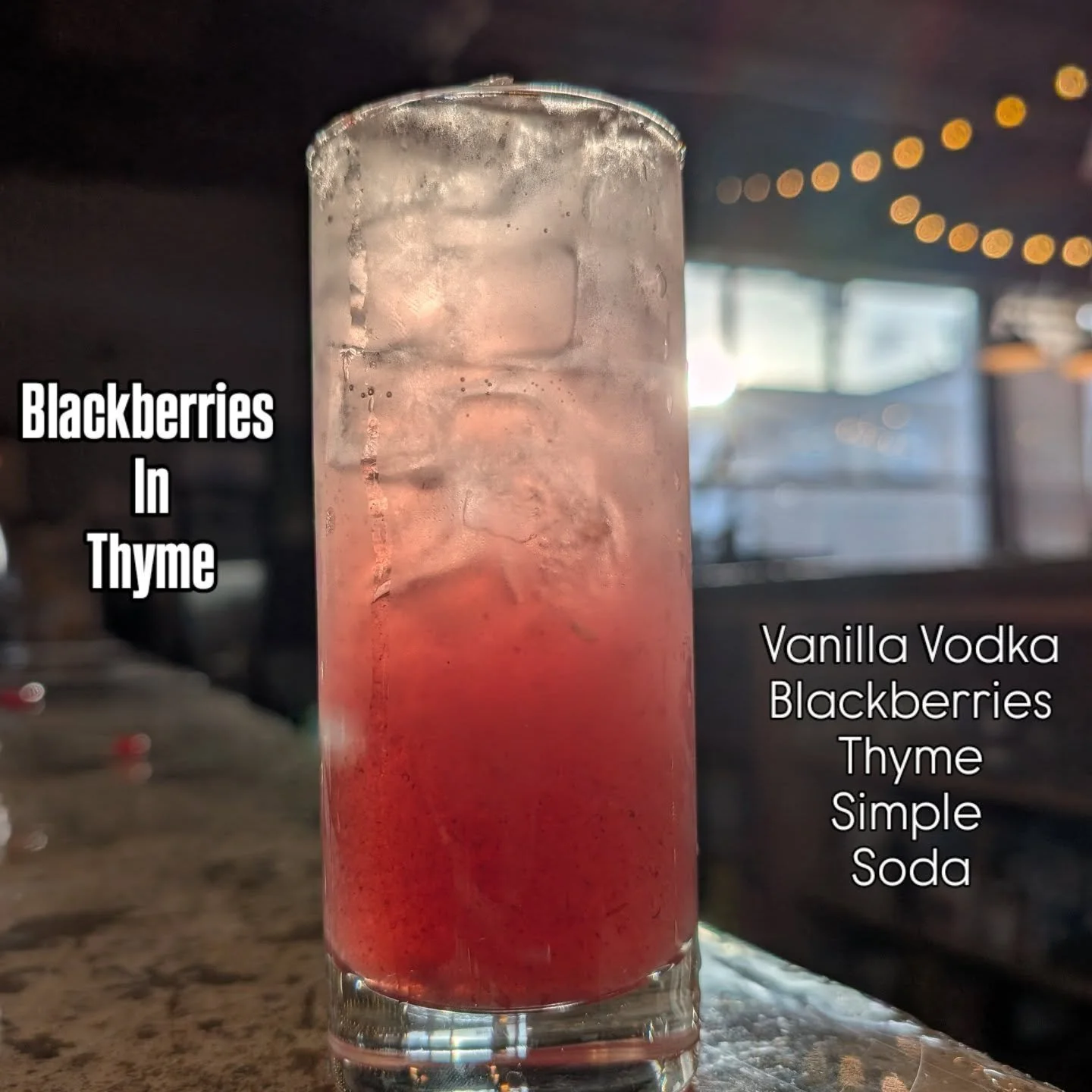 Blackberries in Thyme is Vanilla vodka, blackberries, thyme, simple, and soda water. Drink it now while the weather's still playing nice apparently the cold's coming back to ruin everything.