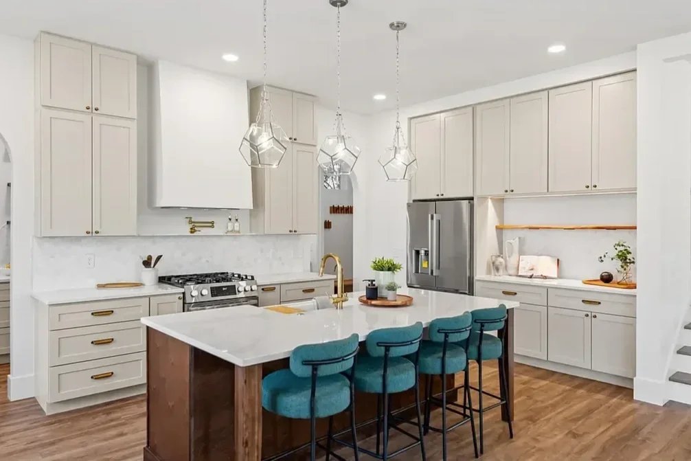Classic Cream Kitchen Cabinets with Rustic Hickory island Old City Kitchens Knoxville TN