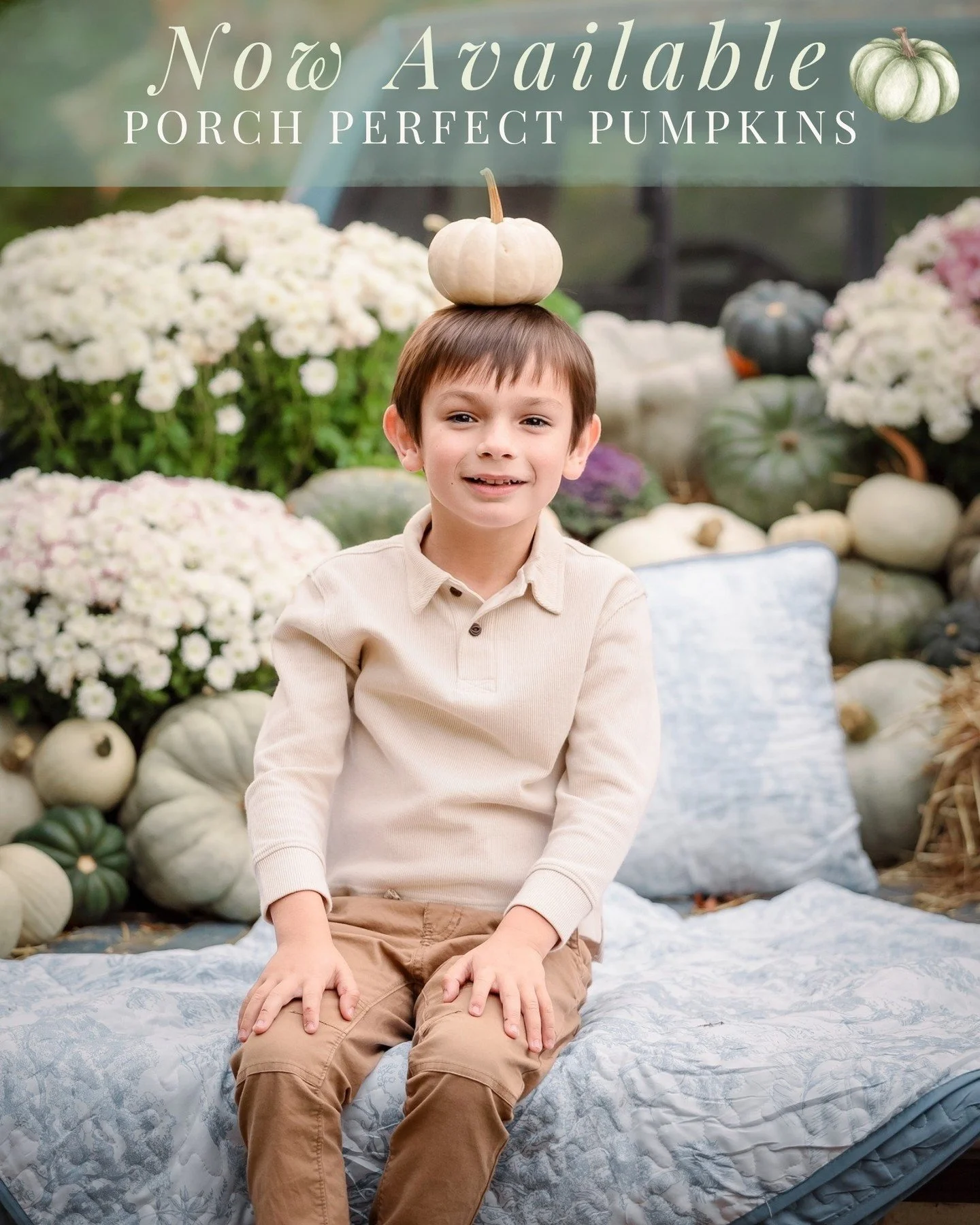 One of the upcoming events I'm most excited for is a new addition to the fall calendar, Porch Perfect Pumpkins! Featuring heirloom pumpkins and autumn mums in shades of dusty teal and ivory, layered with antique brass accents and vintage oil lamps fo