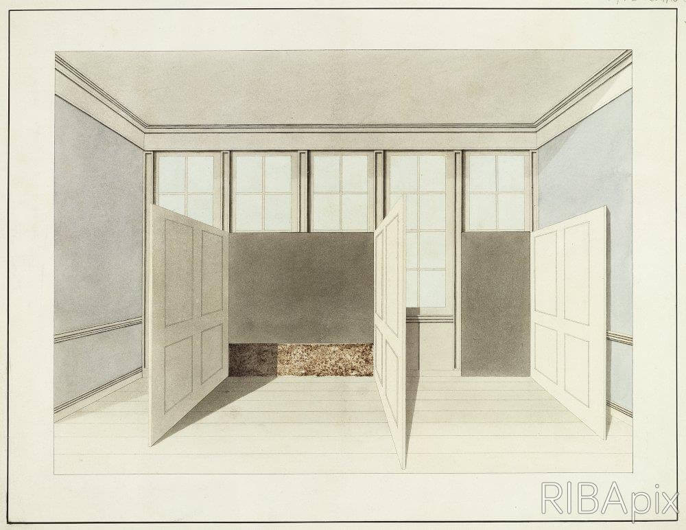 DESIGN FOR THE REMODELLING OF PLAS NEWYDD, LLANFAIRPWLL, ANGLESEY, FOR THE MARQUESS OF ANGLESEY: PERSPECTIVE OF AN INTERIOR WITH THREE DOORS OR PANELS OPENING INWARDS INTO THE ROOM