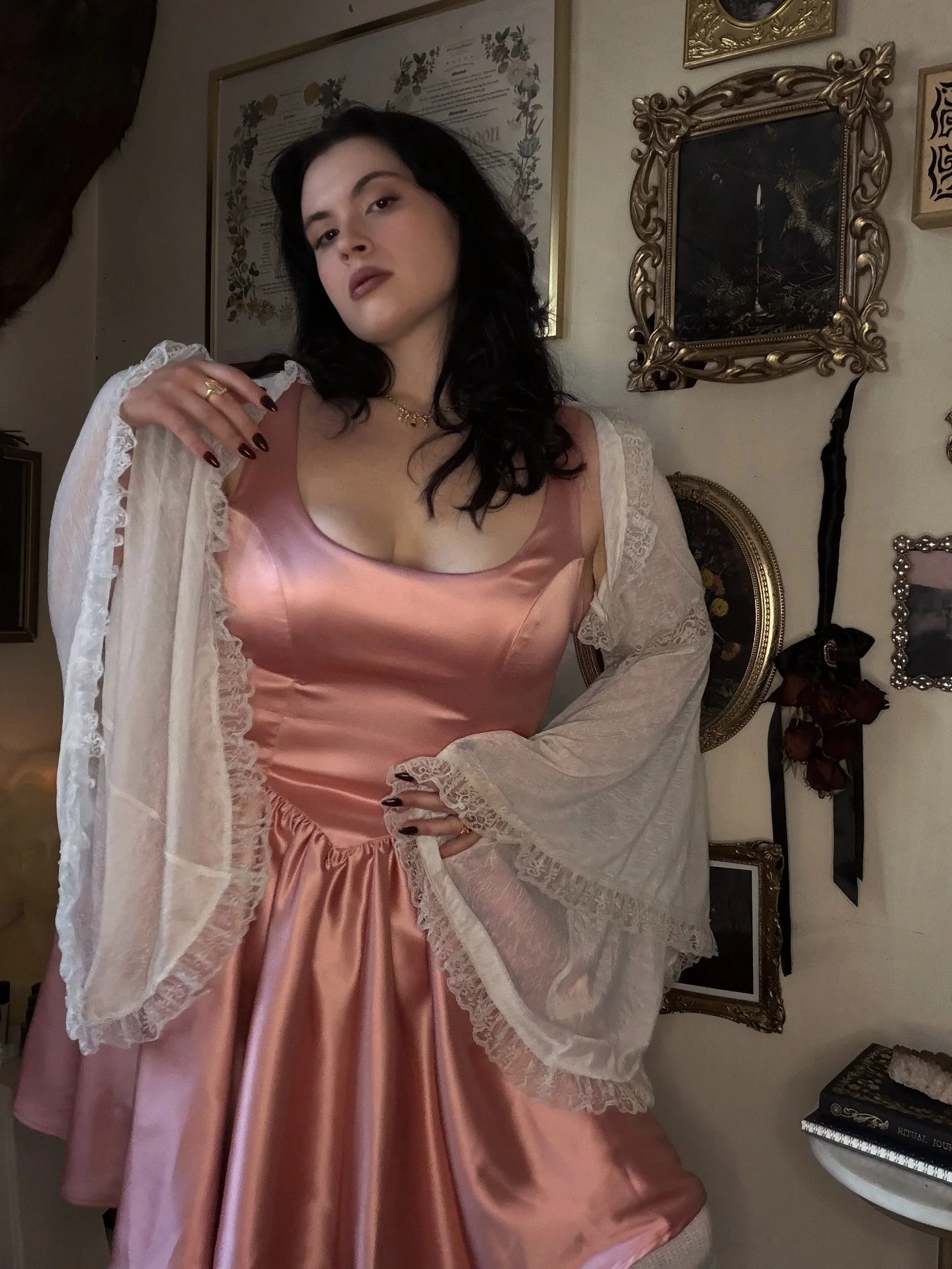 Feeling rather pink today.🩰
 
This beautiful, silky dress is a gifted from @vixen_by_micheline_pitt 🕯️
.
.
.
#pastel #cottagecore