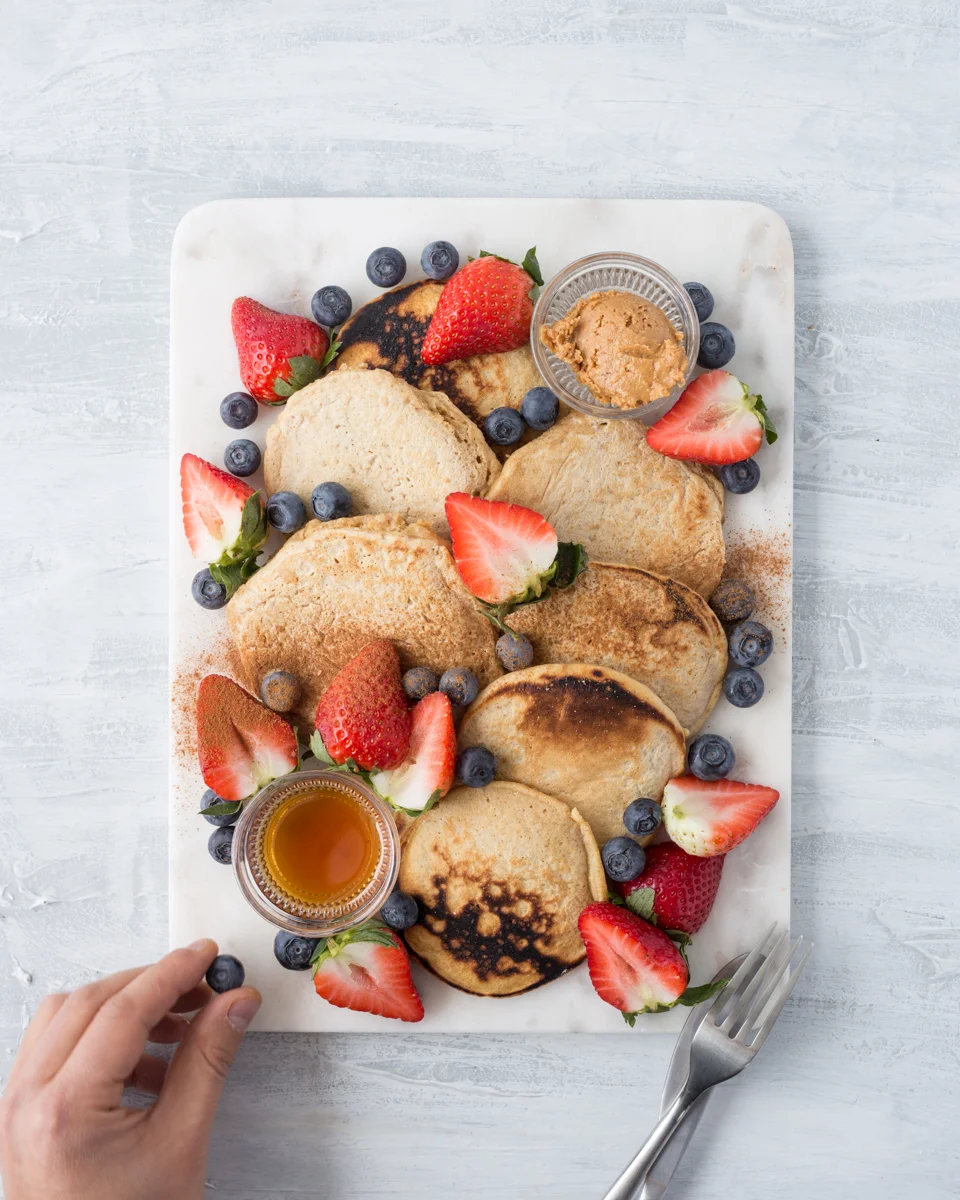 pancake platter with strawberry and blueberry