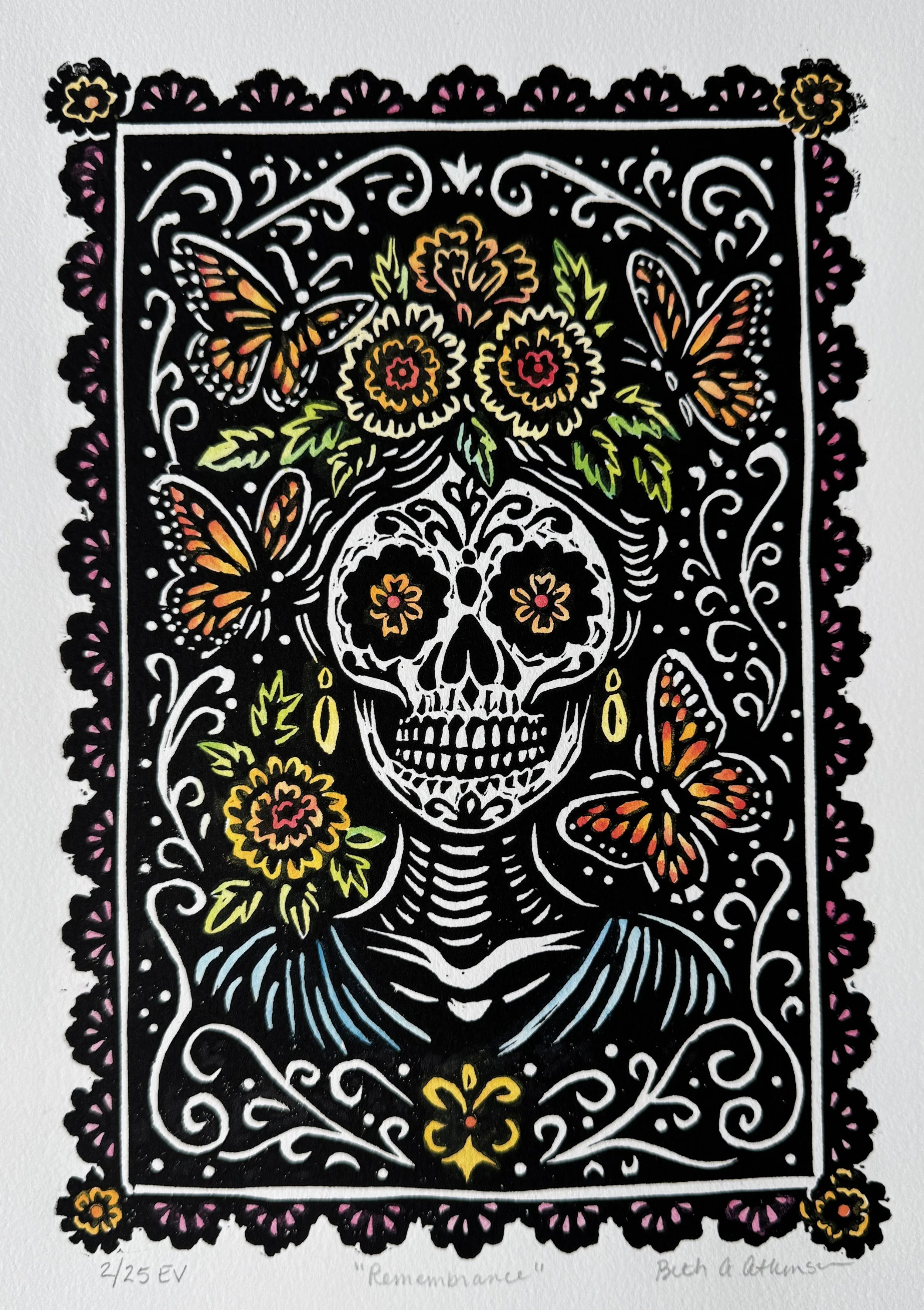 Remembrance, Linocut Handcolored, Edition Variable of 25