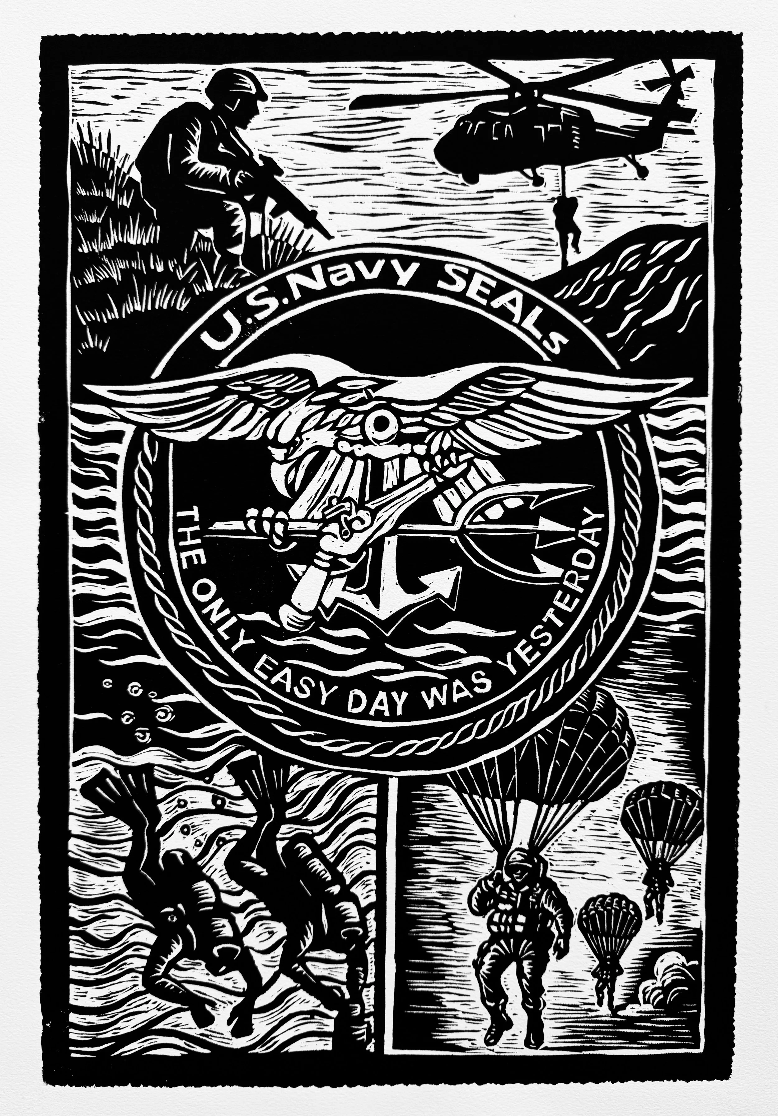 Choose to Carry More, Linocut, All proceeds go to the Navy Seal Foundation