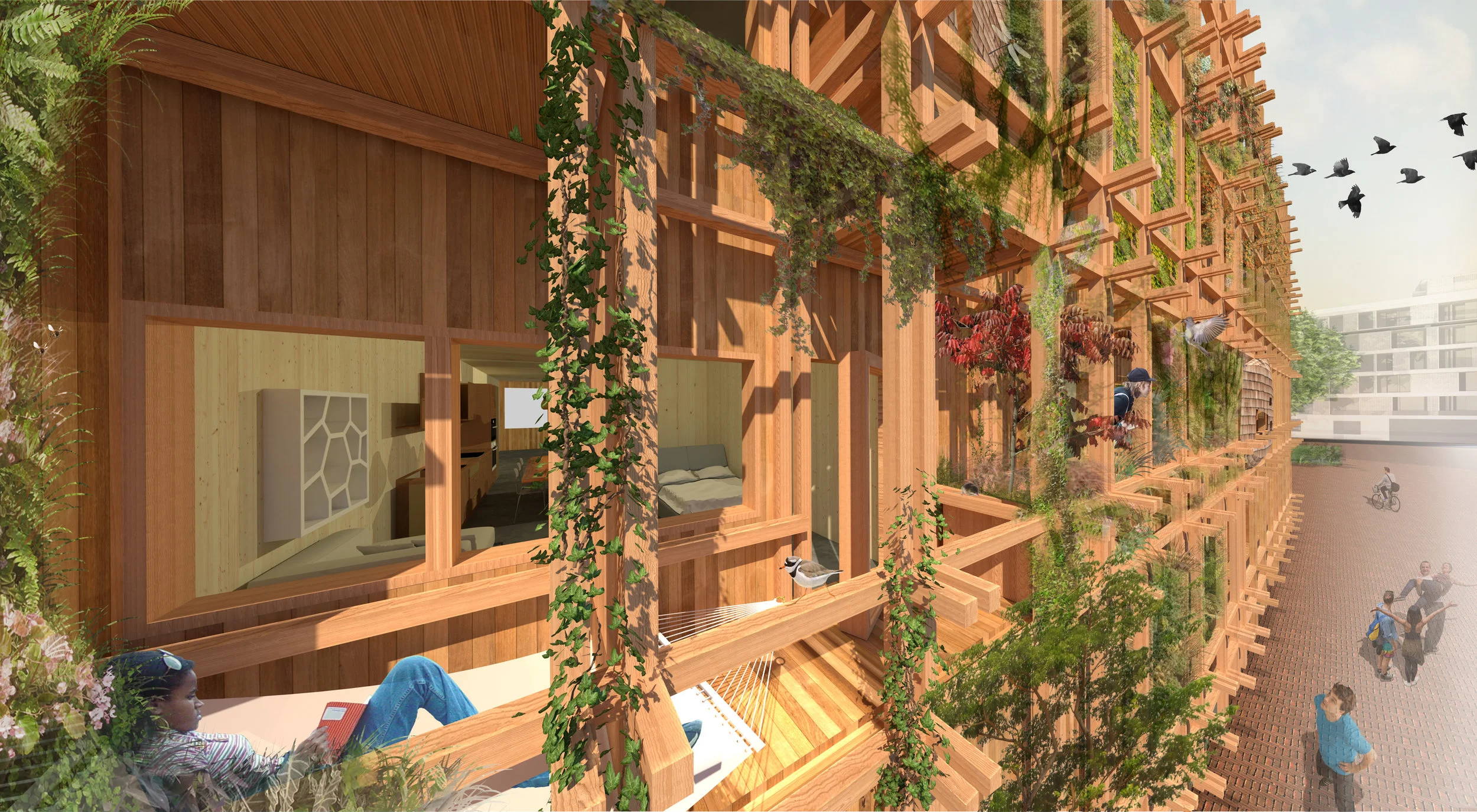 De groene gevel en houten mikado structuur (c) Natrufied Architecture