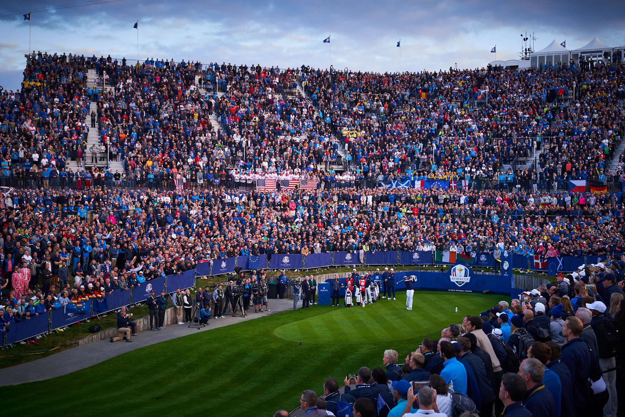 Tony Finau of Team USA at the first tee during the 2018 Ryder Cup Matches at Le Golf National in Paris for the PGA of America. Sony A7rIII, Sony 24-70mm f2.8 GM