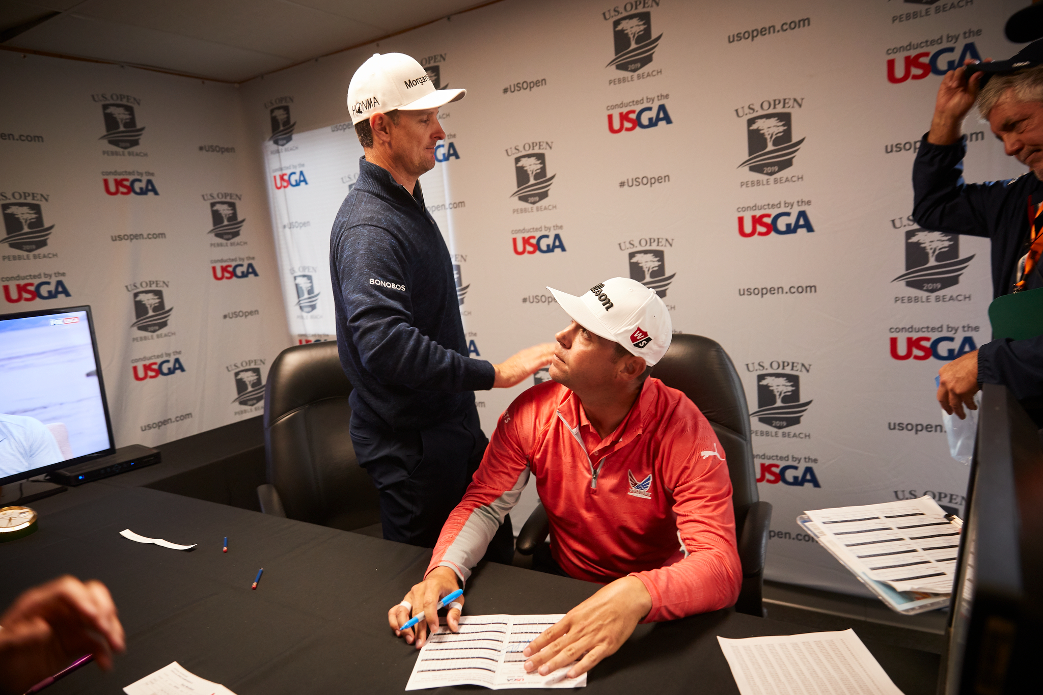 Justin Rose and Gary Woodland in the scoring area following the final round. Canon 1DXM2, EF 24-70mm f2.8L.