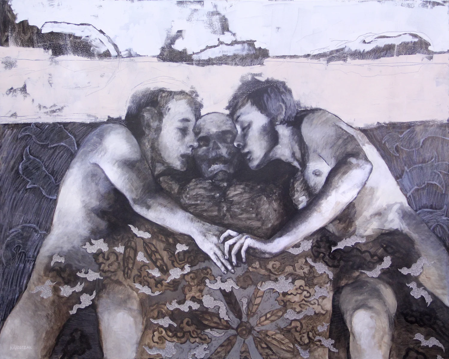 The Embrace Pastel, acrylic, oil & antique wallpaper, 48" x 36", 2013 Private collection