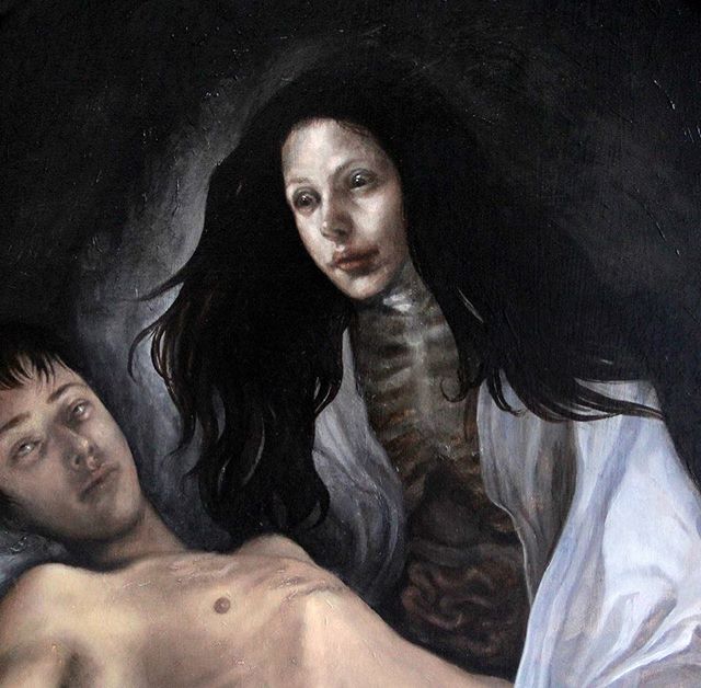 Spooky season is here! Another detail of &ldquo;The Nightmare&rdquo;. Oil on panel. 
I made this painting for a witchcraft themed show. I based my imagery off of mythology about sleep paralysis &amp; witch-erotica folklore. 🖤🔪 .....................