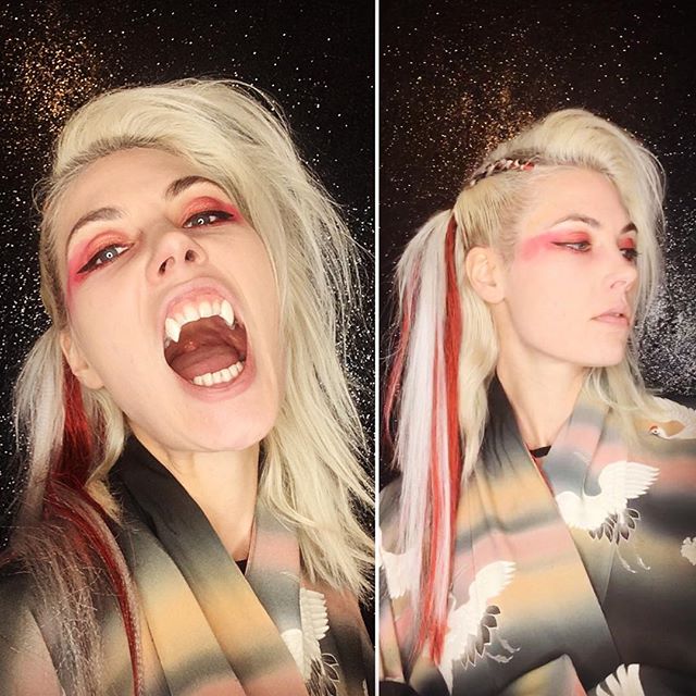 I&rsquo;m a blood sucking demon!🔪🖤 Hair: @wildharesalonandgallery @rachelgirardsculpture &amp; teeth by @mnmakeupartist and my own antique hand-painted kimono. I&rsquo;ve got a Noh mask too that will make an appearance as some point.