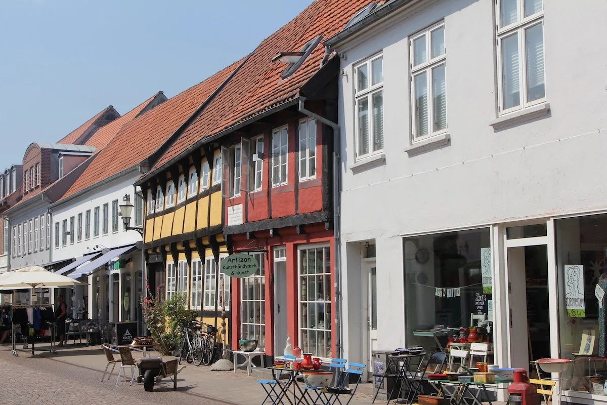 Colourful medieval buildings on an emptytreet on sunny summer day