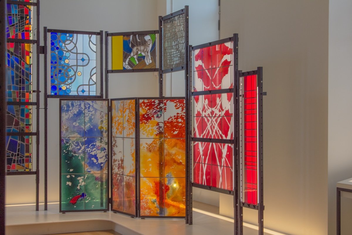 Stained glass window on display in museum