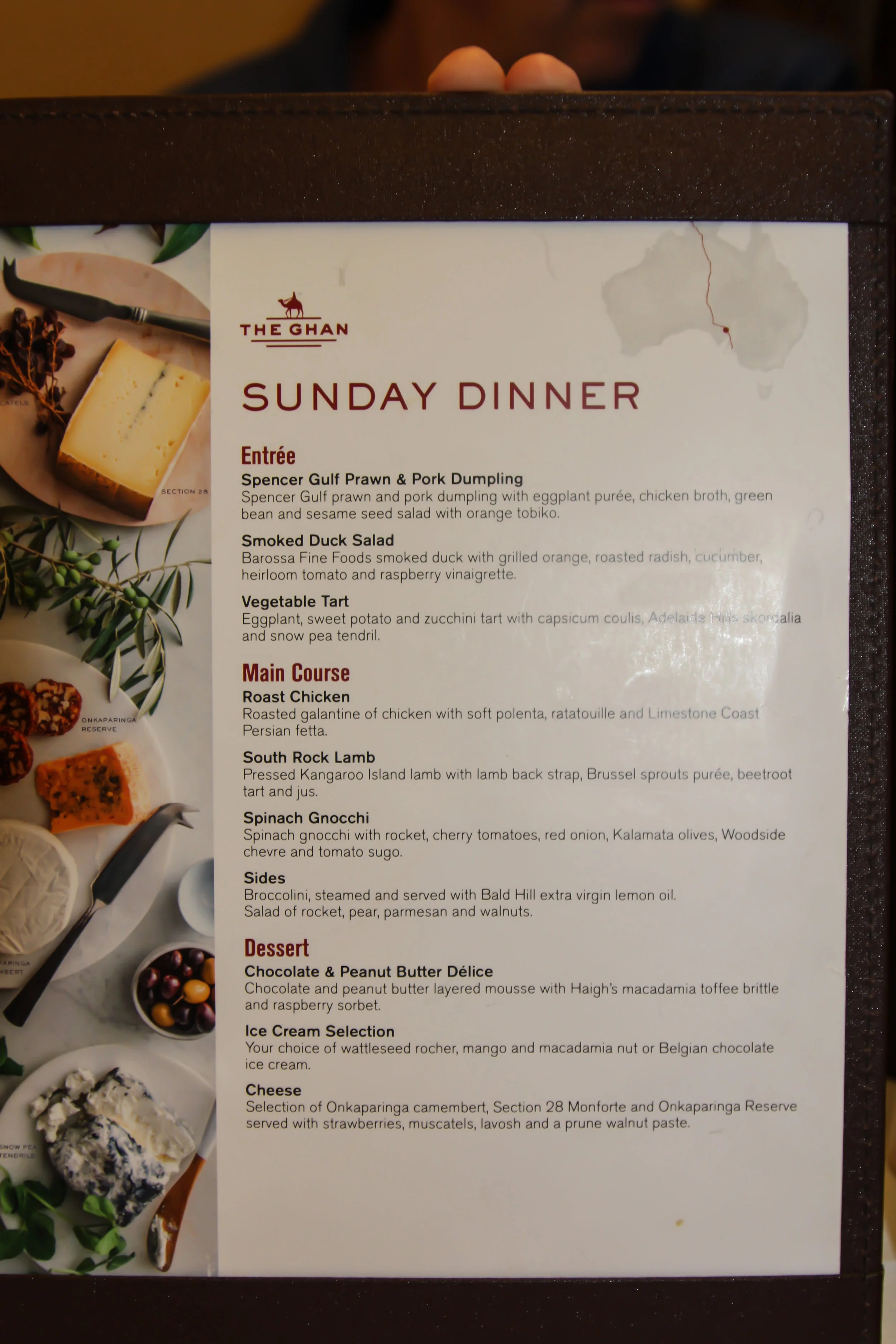 Sunday dinner menu in red and black on white background