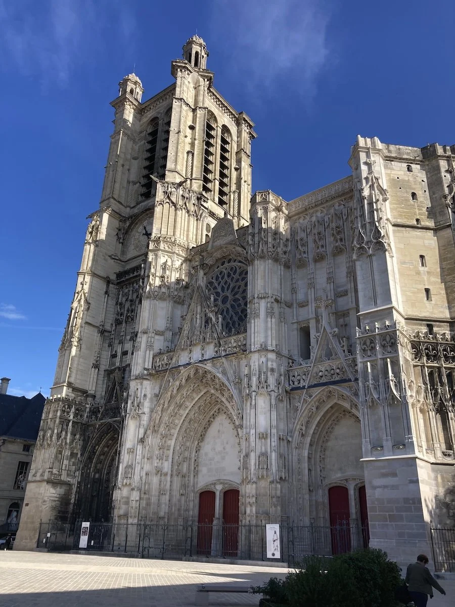 Front of Gothic cathedral against blue sky