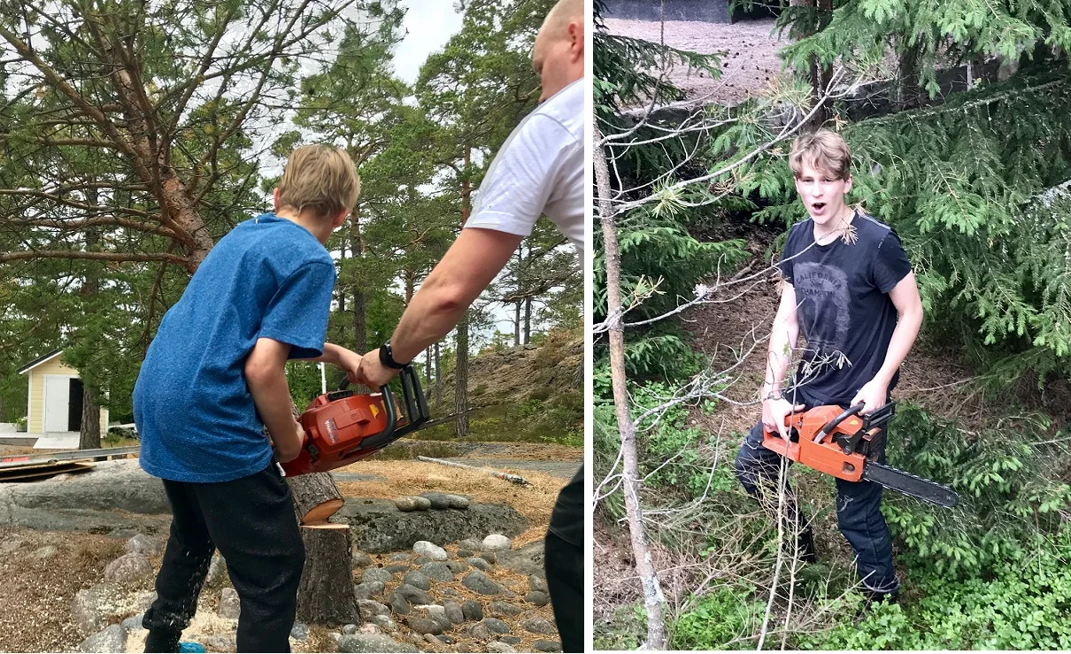 Efter att jag uppmärksammat de härliga männen i familjen på att lite träd behövde fällas var de inte sena med att dra fram motorsågen...